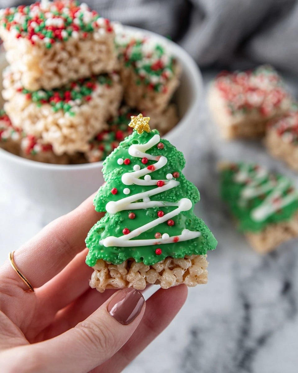 A woman's hand is holding a small Christmas tree-shaped treat with three layers: the base is a beige crispy rice square, covered by a thick green coating shaped like a Christmas tree, which has a slightly bumpy texture. White icing is piped in three wavy lines across the tree, decorated with small red, green, and white round sprinkles scattered evenly, and a tiny yellow star on top. In the background, there are more similar treats stacked in a white bowl, showing red and green sprinkles on beige crispy bases, all sitting on a white marbled surface. Photo taken with an iphone --ar 4:5 --v 7