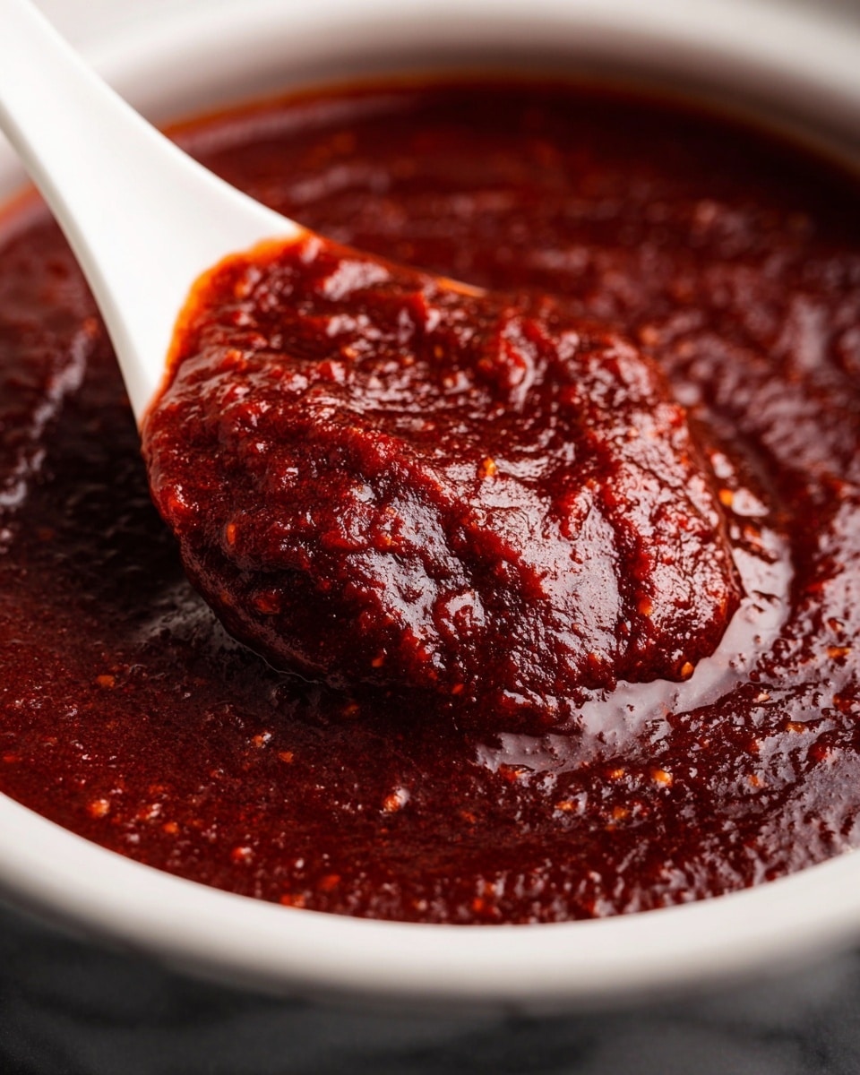 A close-up view shows a thick, rich dark red sauce with a slightly chunky texture, held by a white spoon resting inside a container. The sauce has a glossy surface with visible tiny bits and a sticky appearance, filling the spoon and the background evenly. The dark red color is deep and intense throughout the sauce. The photo is set on a white marbled texture that softly reflects light around the edges. photo taken with an iphone --ar 4:5 --v 7