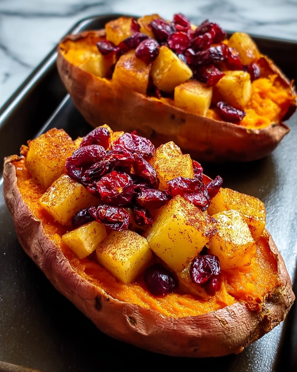 The image shows two baked sweet potato halves with a slightly browned, wrinkled orange skin on the bottom layer. Inside each half, there is a smooth, bright orange sweet potato flesh layer. On top, there is a layer of small golden-brown cooked apple cubes, mixed with shiny, dark red cranberries, and sprinkled with a dusting of cinnamon or spice powder. The dish is placed on a dark tray, all shown against a white marbled textured surface. photo taken with an iphone --ar 4:5 --v 7