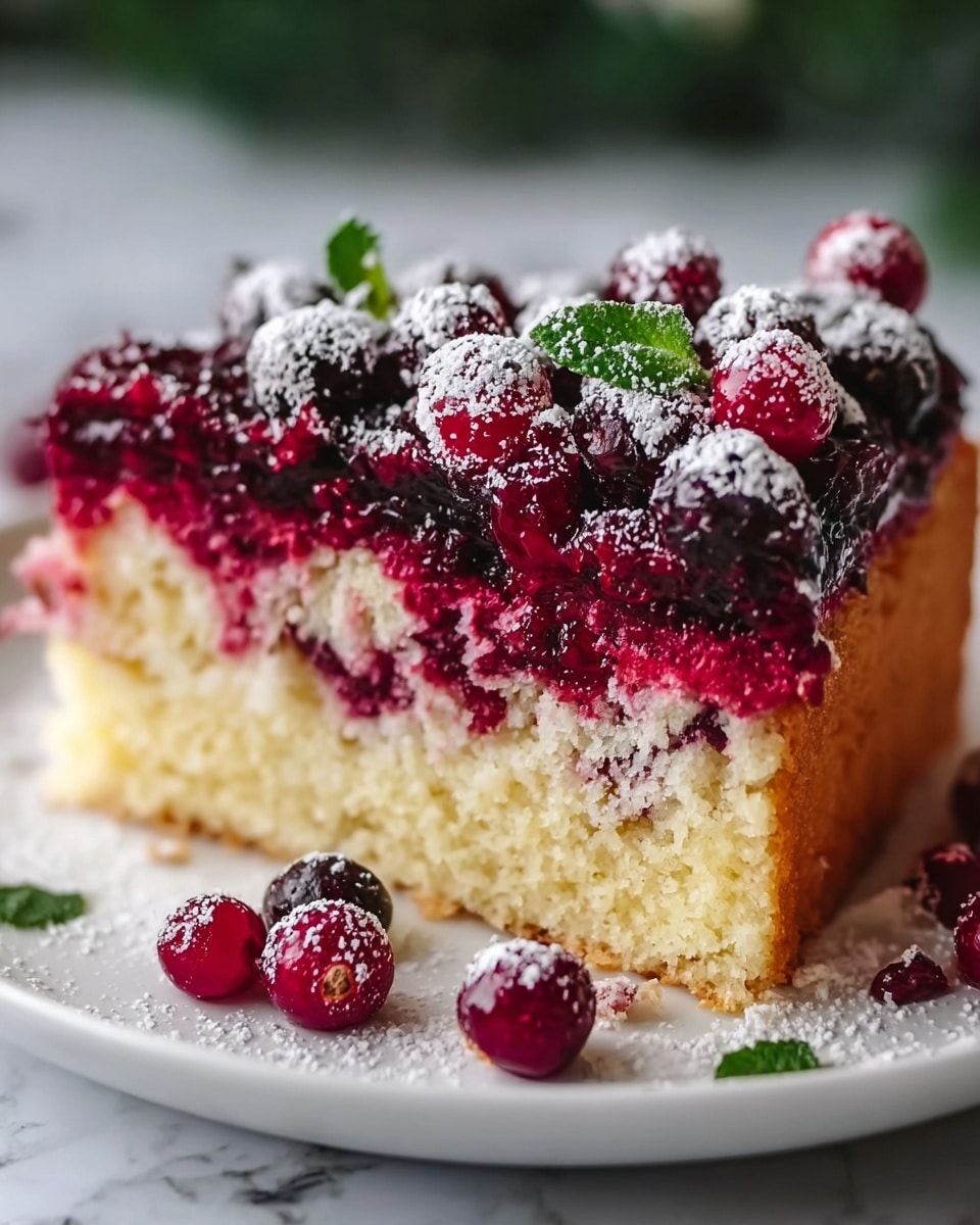 The image shows a single slice of cake on a white plate, sitting on a white marbled surface. The cake has three visible layers: the bottom layer is a light yellow sponge cake with a soft and airy texture, the middle layer is a thick, bright red berry jam with a slightly chunky texture, and the top layer is made up of whole shiny red and dark purple berries, dusted with white powdered sugar and decorated with small green mint leaves. Some loose berries lie on the plate around the slice, and the whole scene appears bright and inviting. photo taken with an iphone --ar 4:5 --v 7