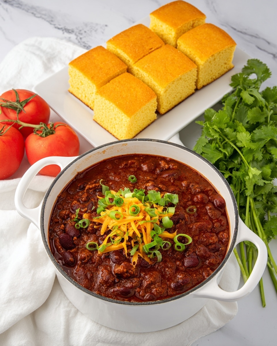 A white pot with two handles holds thick chili with a rich dark red-brown color filled with beans and ground meat. On top, there is a small pile of shredded bright orange cheddar cheese and green chopped scallions, along with sprigs of fresh cilantro. Behind the pot, there is a white rectangular plate with four square pieces of golden brown cornbread stacked in two rows. To the side, fresh green cilantro and two red tomatoes with green stems rest on a white marbled surface along with a soft white cloth. Photo taken with an iphone --ar 4:5 --v 7