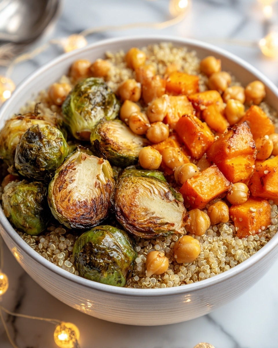 A white bowl filled with three main layers: the bottom layer is light beige quinoa with a soft, grainy texture; the middle layer includes evenly roasted Brussels sprouts, halved to show caramelized, golden-brown centers with green outer leaves; the top layer has bright orange roasted sweet potato cubes and light beige whole chickpeas scattered across the bowl, creating a colorful, textured contrast. The bowl is placed on a white marbled surface with soft string lights blurred in the background, adding a warm, cozy feel. photo taken with an iphone --ar 4:5 --v 7