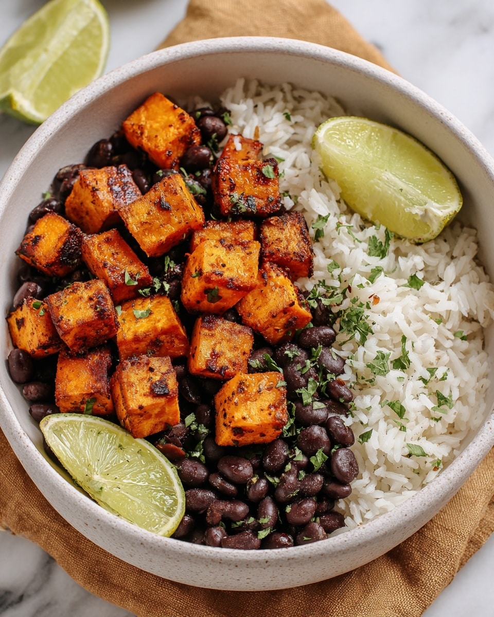 A white bowl filled with three main layers: the bottom layer is white cooked rice with fluffy grains, the middle layer is black beans scattered evenly, and the top layer shows medium-sized, charred orange cubes of roasted sweet potatoes with a slightly crispy texture. Two green lime wedges rest on opposite sides of the bowl, and small chopped green herbs are sprinkled over the sweet potatoes and beans. The bowl sits on a white marbled surface with a tan cloth partially visible underneath. Photo taken with an iphone --ar 4:5 --v 7