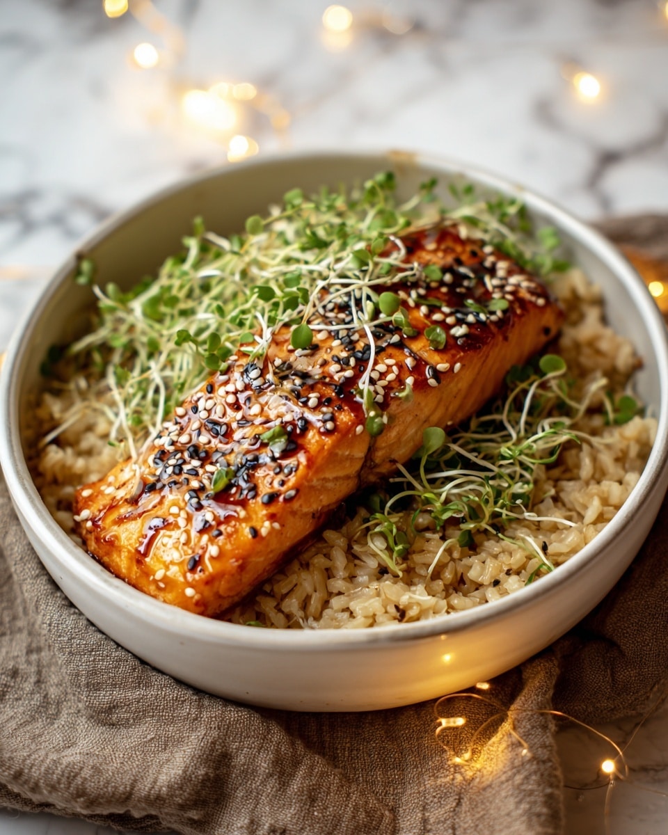 A white bowl holds a base layer of light brown cooked rice with a slightly fluffy texture, topped with a thick, rectangular piece of grilled salmon that is golden orange with dark char marks and a shiny, glazed surface. The salmon is sprinkled with white sesame seeds and black sesame seeds. Around and on top of the salmon are fresh green sprouts with thin white stems and small green leaves, adding a fresh, crisp layer. The bowl sits on a brown rough-textured cloth with warm yellow fairy lights in the blurred background on a white marbled surface. Photo taken with an iphone --ar 4:5 --v 7