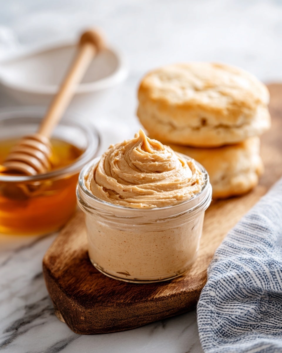A small clear glass jar filled with creamy light brown spread swirled on top in a decorative peak, placed on a wooden board. Behind the jar, there are three fluffy, golden-brown biscuits stacked loosely. To the left, a white bowl contains amber honey with a honey dipper resting inside. A striped white and blue cloth is on the right side of the board, all set on a white marbled texture surface. Photo taken with an iphone --ar 4:5 --v 7