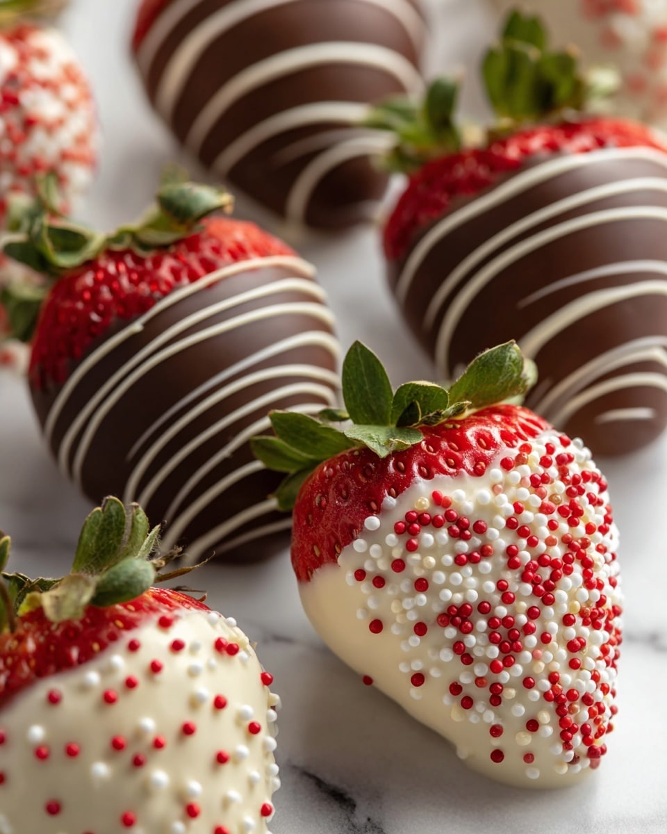 A close-up view of large strawberries dipped in smooth chocolate and white chocolate, each strawberry with its green leafy top showing. There are three main styles: one is fully covered in dark chocolate with thin white chocolate stripes layered evenly across, another strawberry is coated in white chocolate with small red and white round sprinkles densely covering the surface, and a third is covered in dark chocolate with red and white small round sprinkles. They are all placed directly on a white marbled surface, arranged loosely with some in focus and others blurred softly in the background. photo taken with an iphone --ar 4:5 --v 7