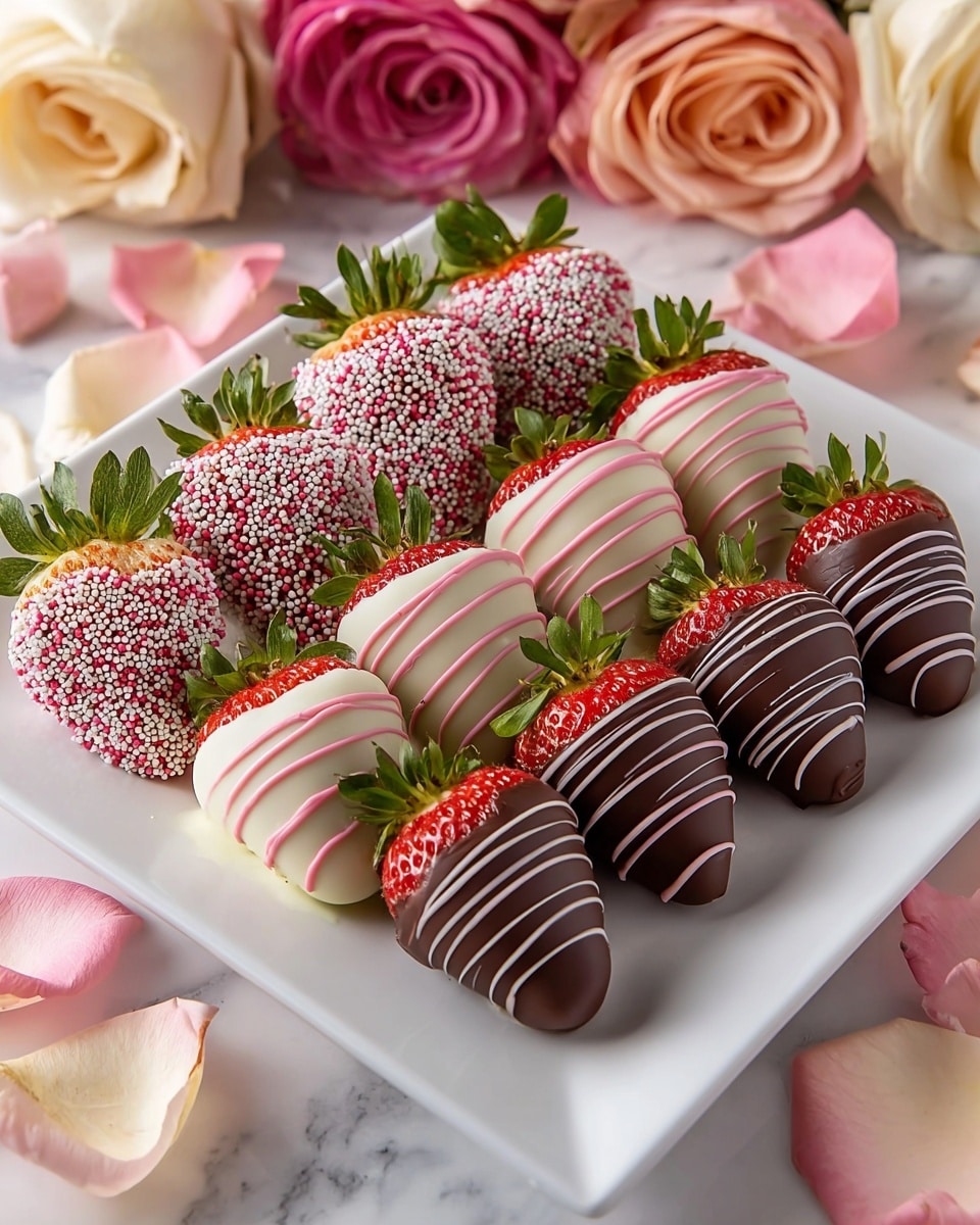 A white square plate holds three neat rows of strawberries coated in different layers: the back row has strawberries fully covered with small white and pink round sprinkles, showing only the green leaves at the top; the middle row features strawberries coated in smooth white chocolate with thin pink chocolate drizzle lines across them; the front row has strawberries covered in dark chocolate with a similar dark chocolate drizzle pattern. The plate sits on a white marbled surface, surrounded by soft pink and cream rose petals and some pink and cream roses in the background. photo taken with an iphone --ar 4:5 --v 7