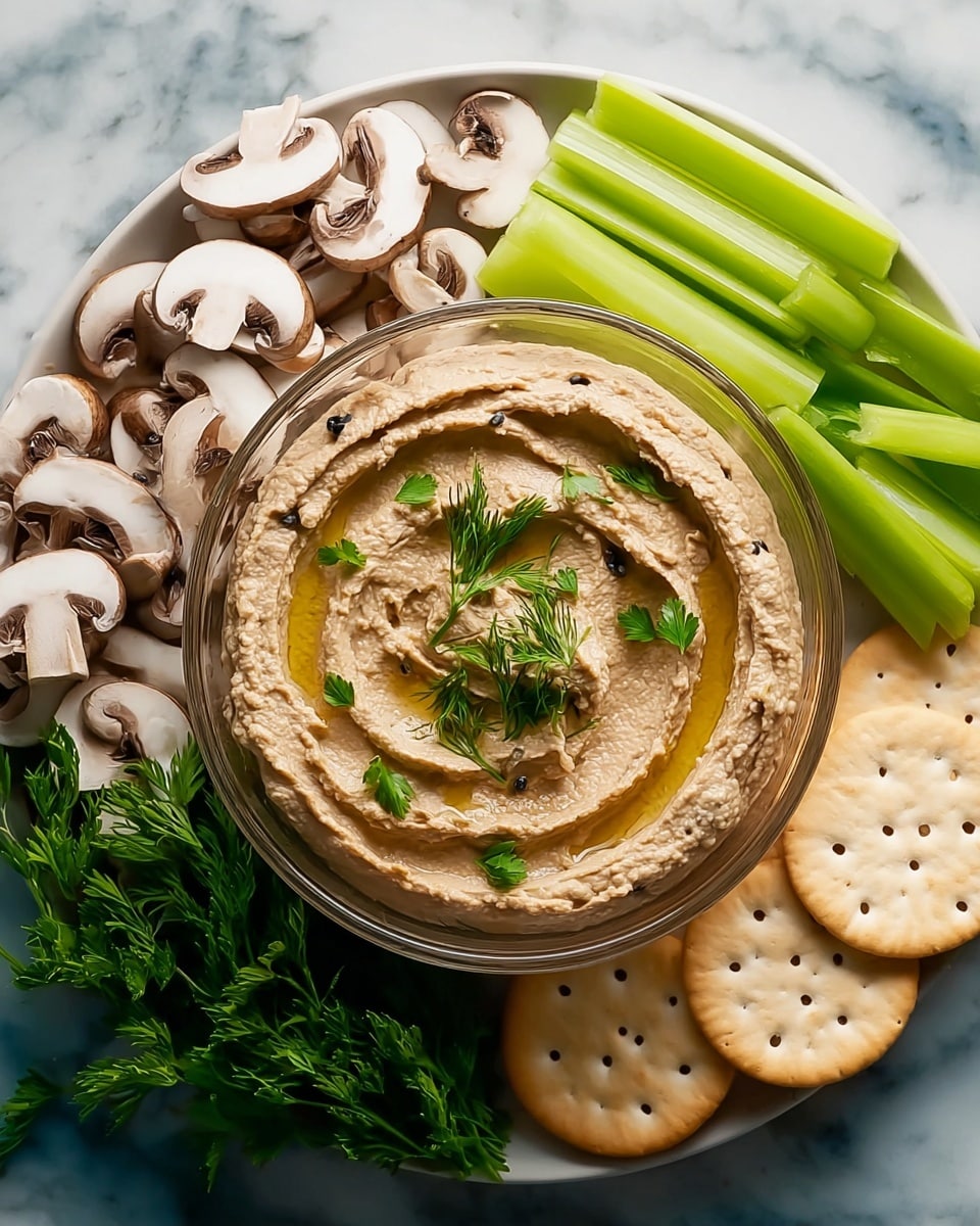 A round glass bowl filled with smooth, light brown hummus is placed in the center, topped with a swirl of olive oil and a few sprigs of fresh green dill. Surrounding the bowl on a white plate are three clusters of thinly sliced mushrooms with white and brown colors on the left side, fresh green celery stalks with leaves on the right side, and a few light beige round crackers with small dark holes below the bowl. The plate is set on a white marbled surface. photo taken with an iphone --ar 4:5 --v 7