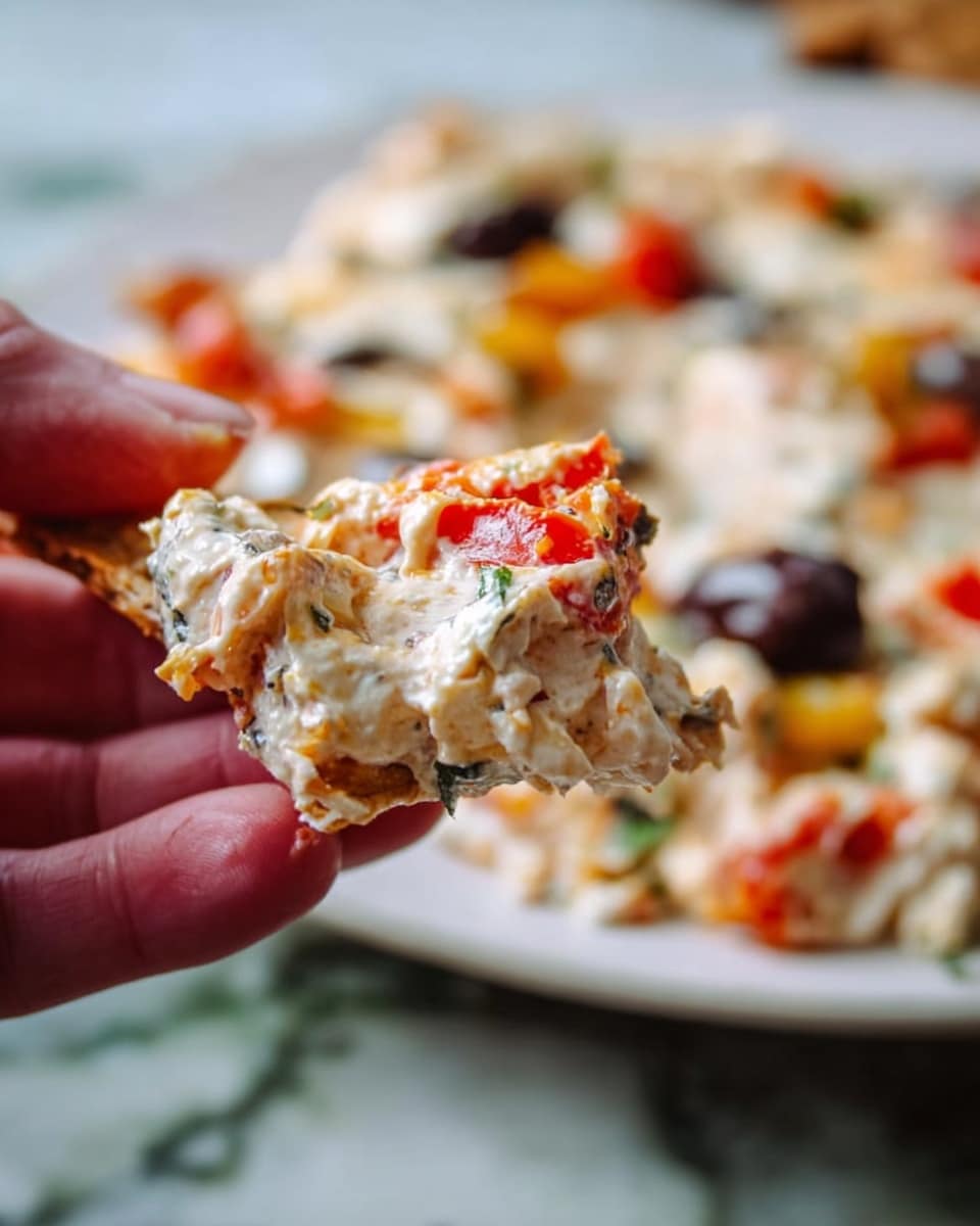 A close-up shows a woman's hand holding a piece of creamy dip with visible chunks of orange-red roasted pepper and white creamy cheese mixed with specks of herbs. In the blurred background, there is a white plate filled with the same creamy mixture, scattered with pieces of roasted orange-red pepper, black olives, and herbs on a white marbled surface. The creamy texture looks rich and soft, and the colors of the toppings stand out clearly on the white base. Photo taken with an iphone --ar 4:5 --v 7