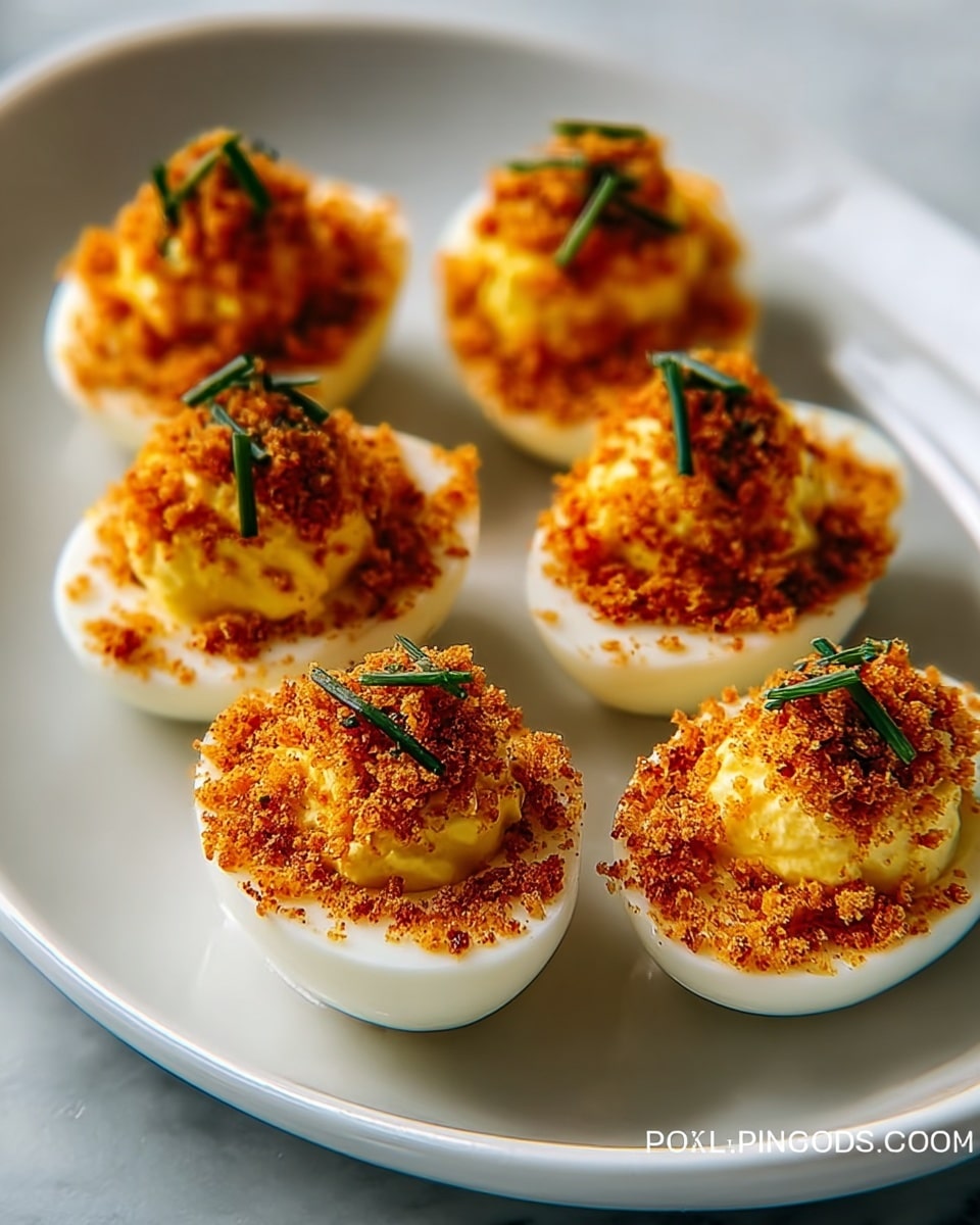 The image shows six deviled eggs arranged on a white plate with a smooth, curved edge. Each egg is cut in half with a firm white egg base, topped with a fluffy yellow yolk mixture. The yolk mixture is covered with a layer of reddish-brown crispy crumbs, giving a crunchy texture. Small green chive pieces are sprinkled on top, adding color contrast. The plate sits on a white marbled surface, enhancing the dish’s warm tones. Photo taken with an iphone --ar 4:5 --v 7