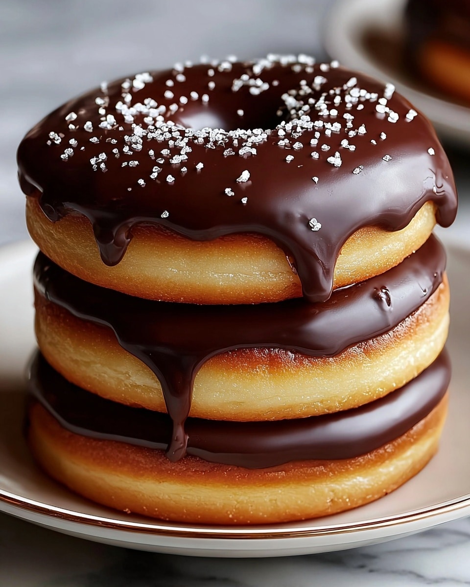 A stack of two thick round donuts with light golden brown edges, each covered in a smooth, glossy dark chocolate glaze that drips slightly down the sides. The top donut has small white sugar crystals sprinkled over the chocolate, adding texture and contrast. The donuts sit on a white plate with a fine rim, which rests on a white marbled surface. The chocolate coating is rich and shiny, creating a lovely shine under soft lighting. photo taken with an iphone --ar 4:5 --v 7