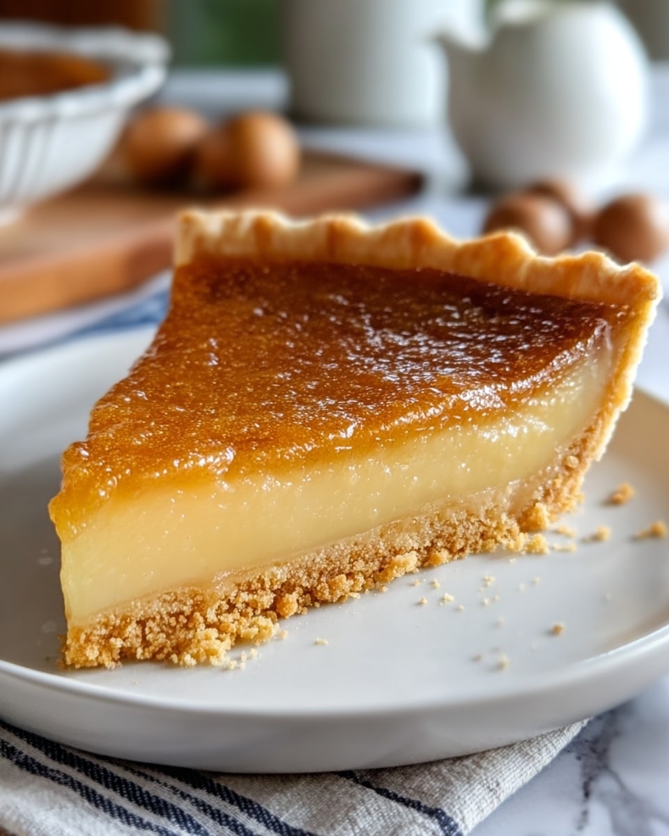 A close-up of one thick slice of pie with three layers on a white plate; the bottom layer is thin and golden brown and crumbly, the middle layer is thick and pale yellow with a smooth soft texture, and the top layer is a shiny, slightly darker golden caramelized glaze. The pie crust edges are crimped and golden brown, adding a crunchy texture. The white plate rests on a striped cloth on a white marbled surface. In the blurred background, there is a white teapot and some round brown objects. photo taken with an iphone --ar 4:5 --v 7