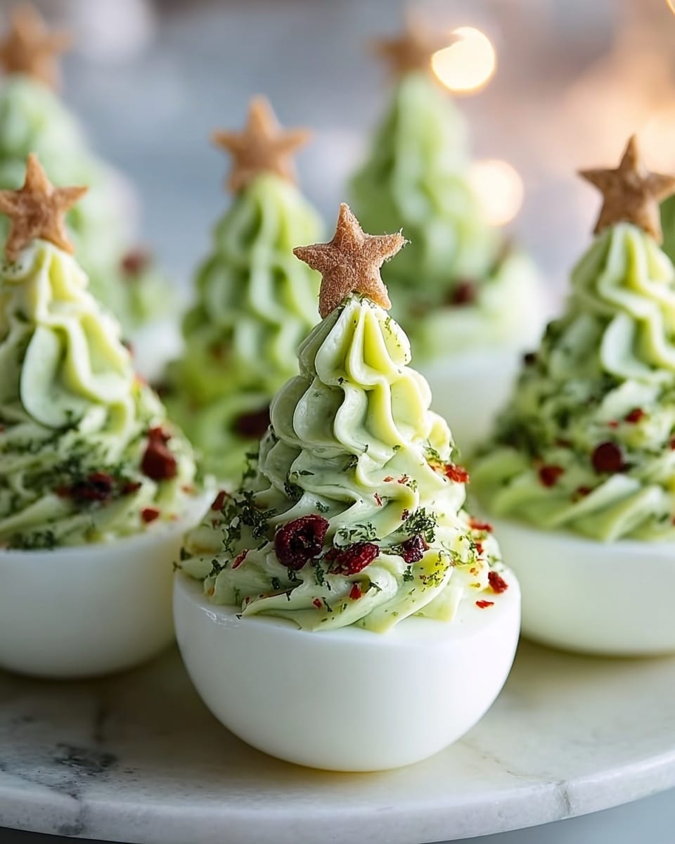 The image shows several deviled eggs arranged on a white plate with a white marbled texture beneath. Each egg is cut in half with the bottom layer showing the smooth white egg white. On top of the egg white is a tall swirl of pale green creamy filling piped to look like a small Christmas tree. The green filling has a smooth, whipped texture with some ridges and folds from piping. Red and dark green small bits are sprinkled over the green filling like ornaments or small leaves. At the peak of each swirl is a small, light brown star-shaped decoration, resembling a tree topper. The background is softly blurred, focusing attention on the front few deviled eggs. Photo taken with an iphone --ar 4:5 --v 7
