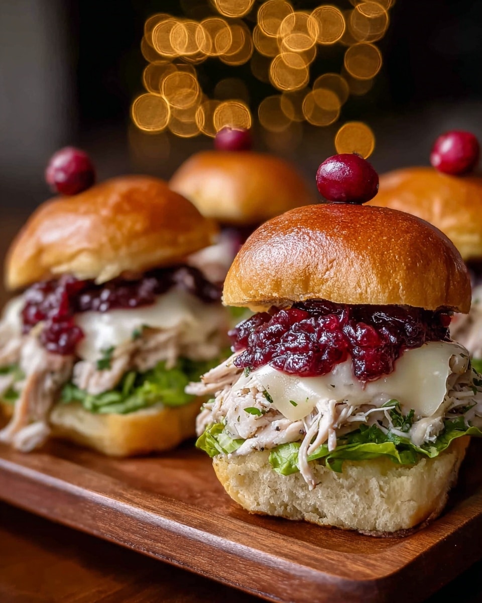 Three small sandwiches sit on a wooden board with a blurred background of warm lights. Each sandwich has a shiny golden-brown bun on top, pierced by a small red cranberry. Inside, the bottom layer is green leafy lettuce, followed by shredded white chicken meat. Above the chicken is a thick, melted slice of white cheese, topped with a glossy mixture of red cranberry sauce with visible bits of herbs. The buns look soft and slightly glossy, and the whole scene has a cozy, inviting feel. photo taken with an iphone --ar 4:5 --v 7