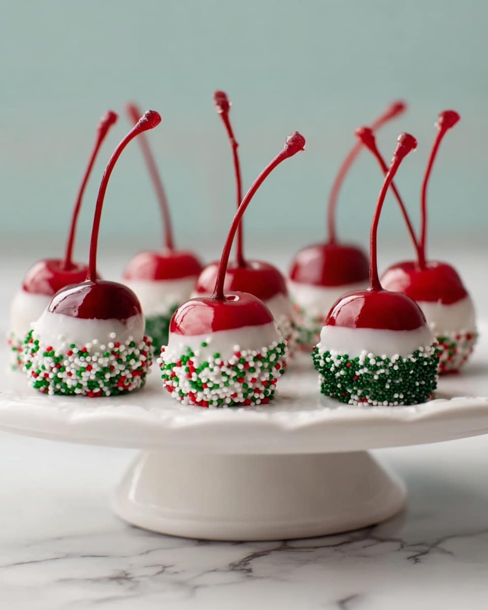 The image shows a white cake stand holding eight cherries with long red stems. Each cherry is dipped in white coating about halfway down, and the coated part at the bottom is decorated with green sugar crystals or red, white, and green round sprinkles. The bright red cherries contrast with the white coating and the colorful sugars. The background is simple with a white marbled texture visible at the bottom edge, and the light is soft, highlighting the shiny cherries. photo taken with an iphone --ar 4:5 --v 7