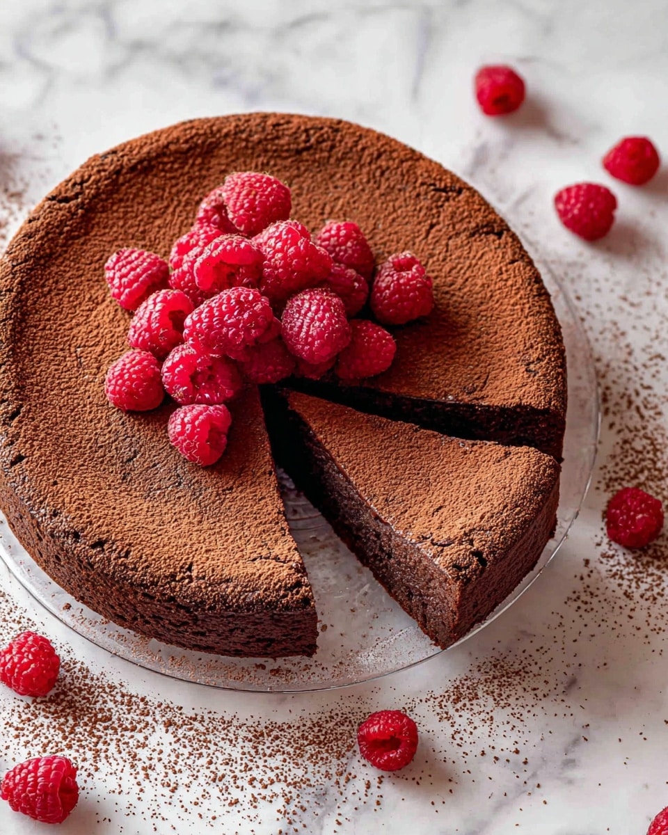 A round chocolate cake with a slightly cracked top covered in a fine layer of cocoa powder, sliced with one piece slightly pulled out to show the rich, dense inside. The cake is decorated on top with a small pile of fresh, bright red raspberries that contrast nicely with the dark brown color of the cake. A few raspberries are scattered around the white marbled surface surrounding the cake, which sits on a clear glass plate. Photo taken with an iphone --ar 4:5 --v 7