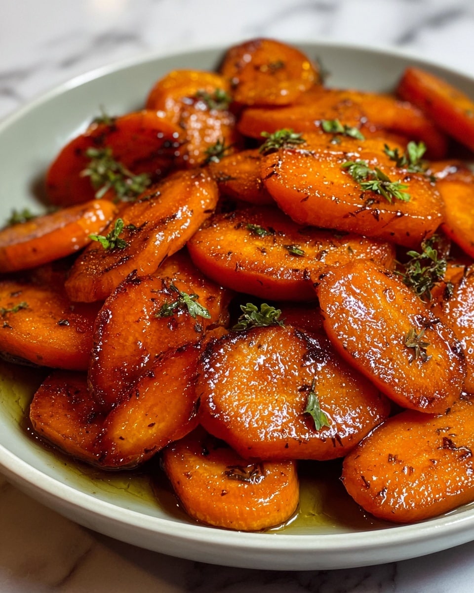 The image shows a close-up of cooked carrot slices arranged in a small pile on a white plate. Each carrot piece is cut into thick oval slices, showing a shiny, glazed texture with a rich orange color and some darker brown spots where they are caramelized. Small green herb leaves, likely parsley or cilantro, are sprinkled over the carrots, adding contrast. The plate rests on a white marbled surface that softens the background details. photo taken with an iphone --ar 4:5 --v 7