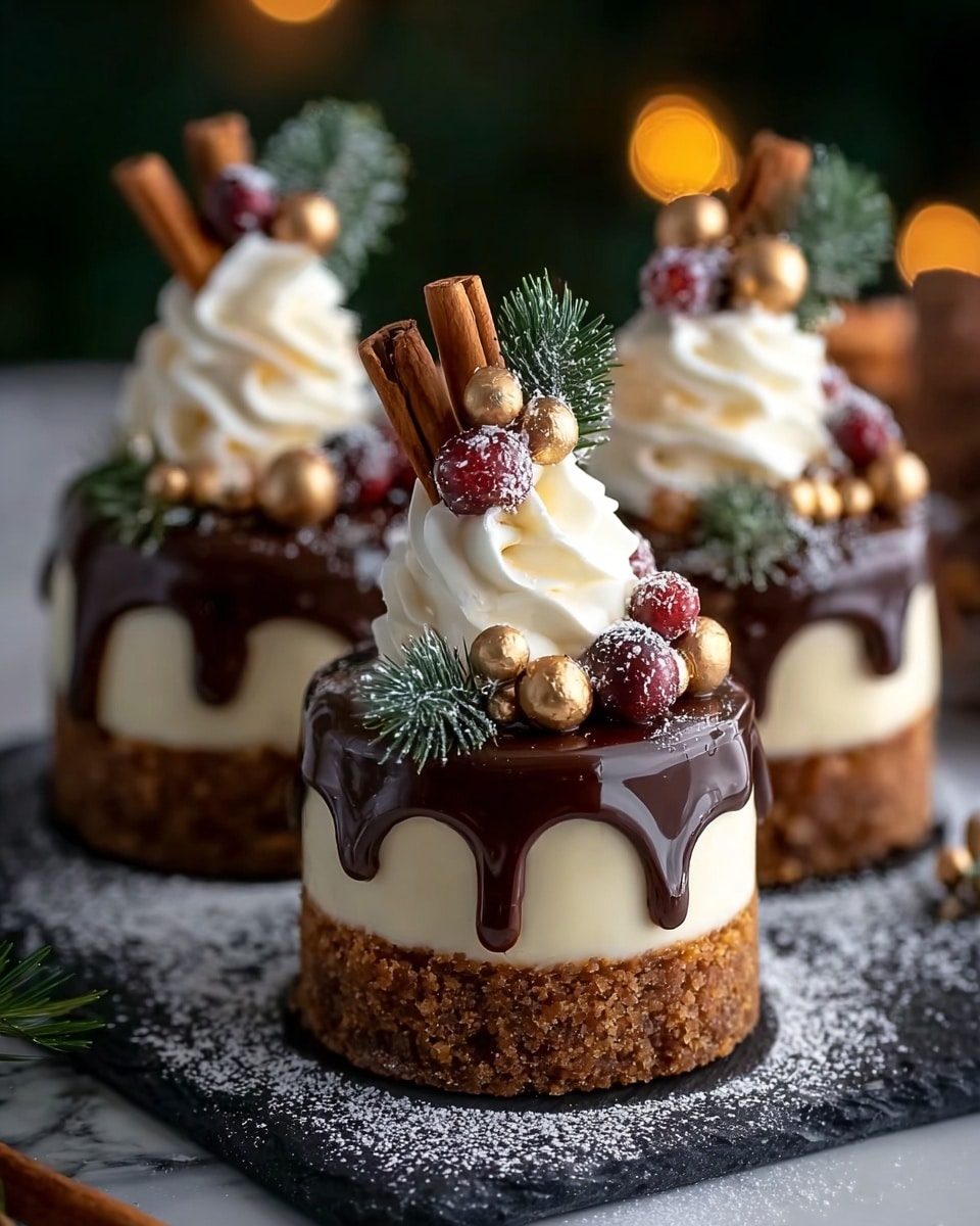 Three small round cakes are set on a dark board with white powdered sugar around them, placed on a white marbled texture. Each cake has three layers: a thick crumbly brown base, a smooth creamy white middle layer, and a shiny dark chocolate glaze dripping down the sides. On top, there is a tall swirl of white whipped cream decorated with small shiny gold balls, red berry-like toppings, a small green pine branch, and two brown cinnamon sticks. The background is blurred with warm glowing lights and a greenish tone, making the cakes look festive and cozy. photo taken with an iphone --ar 4:5 --v 7