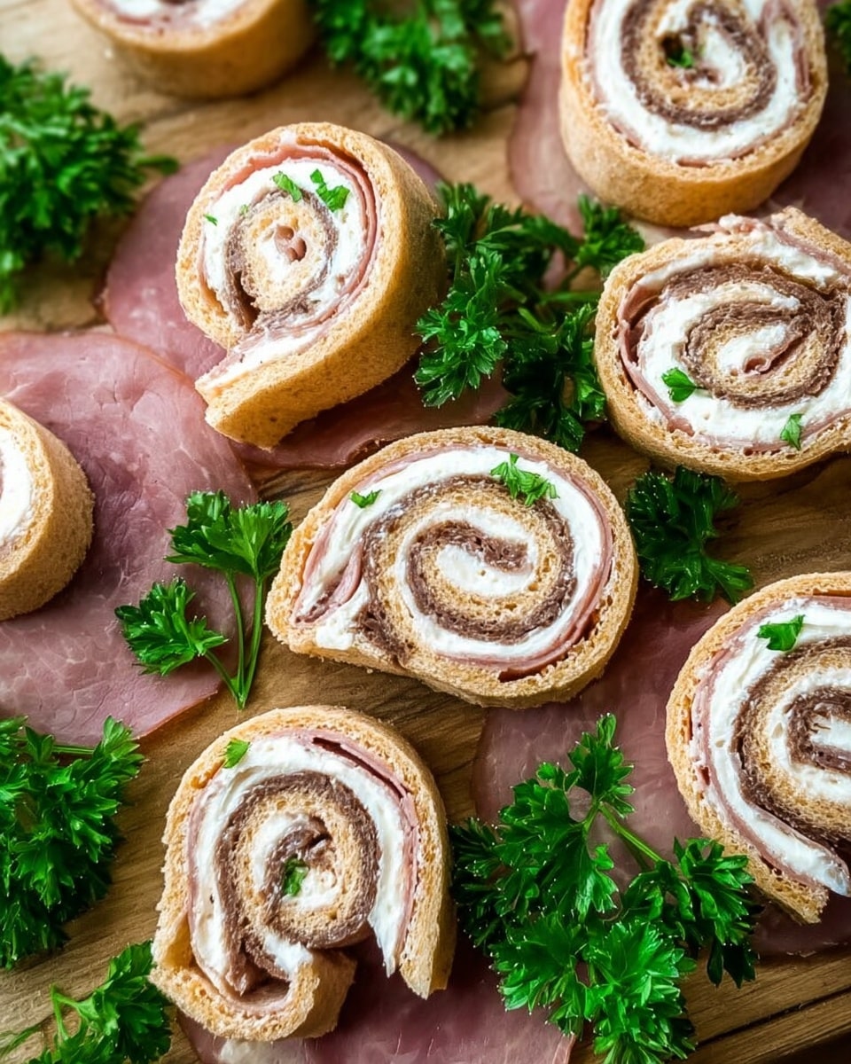 The image shows several pinwheel sandwich pieces arranged on a wooden board with a white marbled texture visible beneath. Each pinwheel has three clear layers: a golden-brown outer crust that is soft in texture, a thick white creamy spread layer inside, and a thin layer of light brown deli meat rolled tightly within. The swirled layers are moist and neatly defined, creating a spiral pattern visible from above. Fresh green parsley leaves are placed decoratively near the pinwheels, adding a touch of vibrant color to the arrangement. Photo taken with an iphone --ar 4:5 --v 7