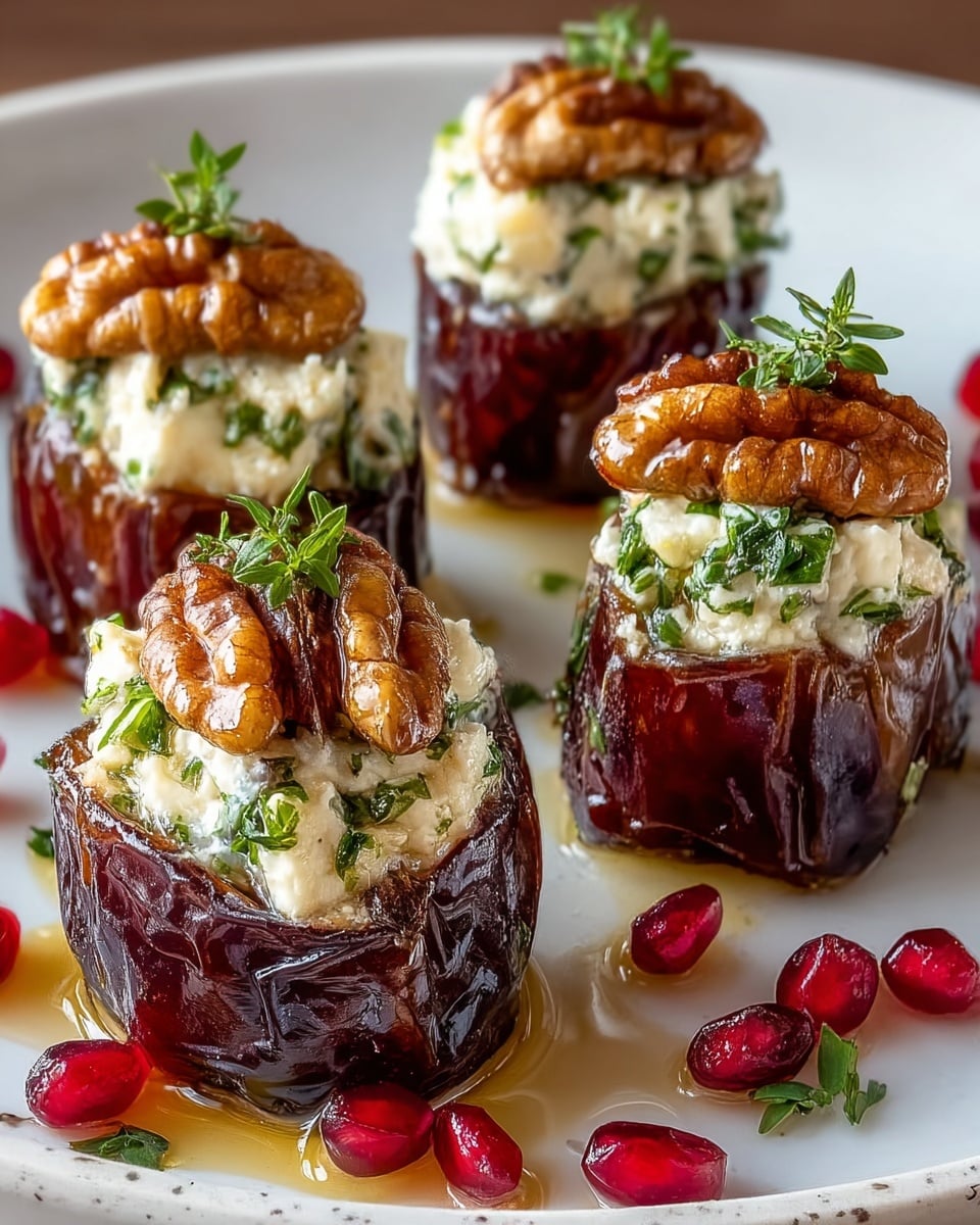 Four stuffed dates sit on a white plate with a white marbled texture. Each date is dark brown and glossy with a wrinkled texture, forming the base layer. On top of each, there is a layer of creamy white cheese mixed with chopped green herbs, creating a soft and textured middle layer. A whole walnut with a shiny caramel glaze is carefully placed on each cheese-topped date as the final layer, garnished with small green herb sprigs. There are also bright red pomegranate seeds scattered around, adding a burst of color, and a golden syrup pools around the base of the dates. Photo taken with an iphone --ar 4:5 --v 7