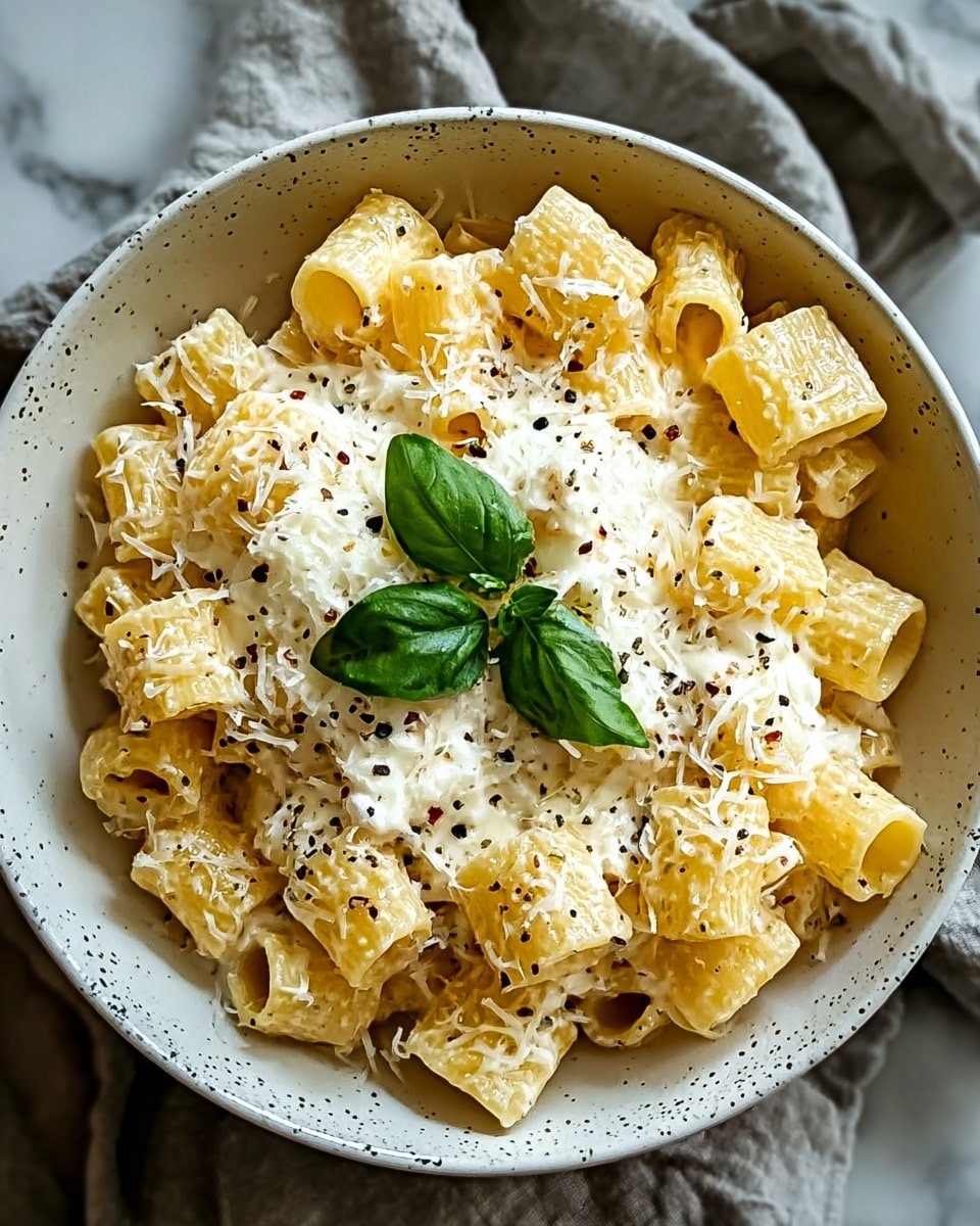A white speckled bowl filled with short, tube-shaped pasta in a light yellow color forms the base layer. On top, there is a thick layer of creamy white sauce covering some pasta pieces, sprinkled with fine grated cheese giving a slightly grainy texture. Scattered on the sauce and pasta are small black pepper flakes and a few fresh green basil leaves placed centrally for decoration. The bowl sits on a soft gray cloth over a white marbled surface. Photo taken with an iphone --ar 4:5 --v 7