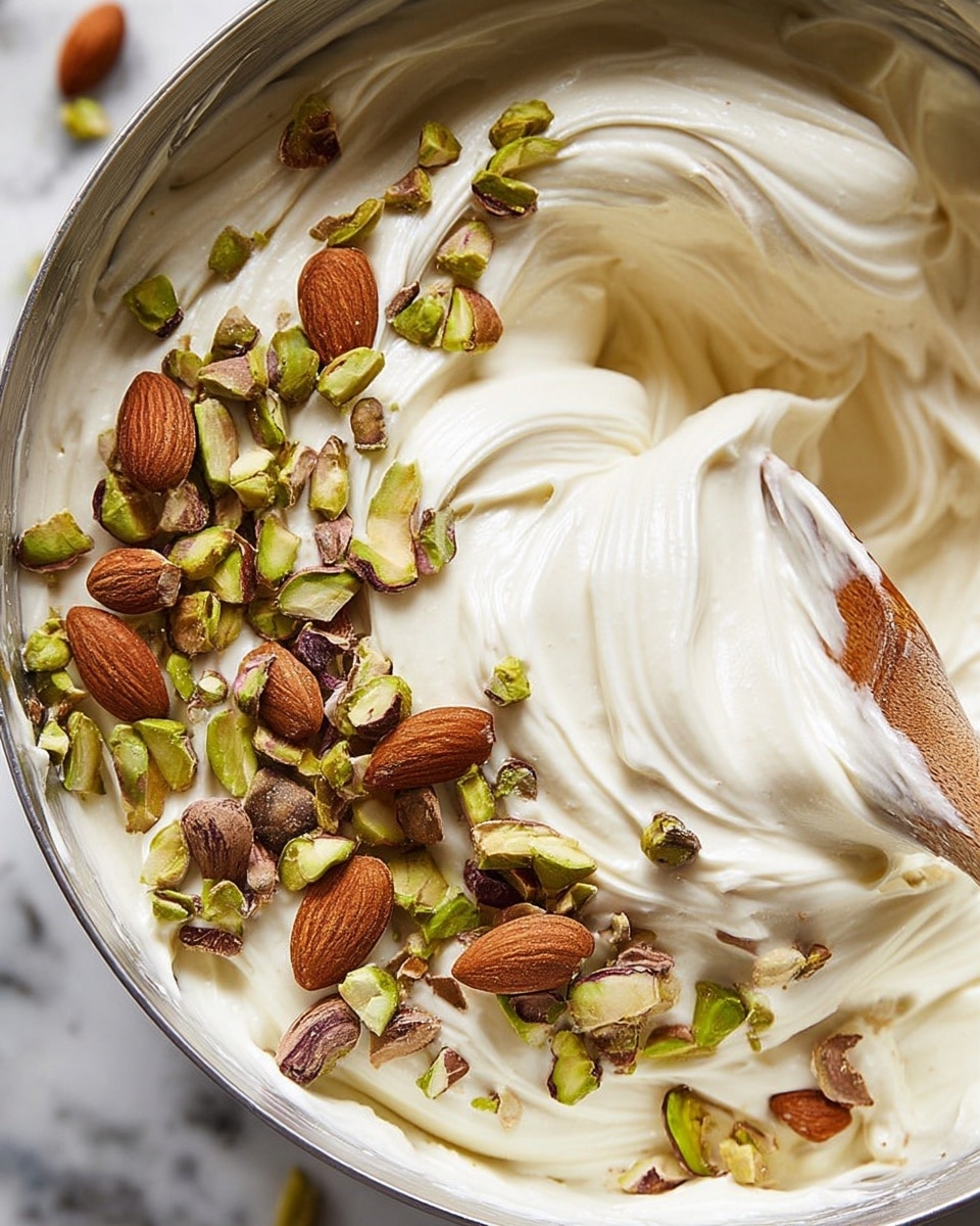 This close-up image shows a large bowl filled with a thick, creamy white mixture that looks smooth and swirled. Scattered on top and mixed into the creamy layer are whole almonds and chopped pistachios in shades of brown and green, adding texture and color contrast. A wooden spoon is partially inserted into the mixture, showing movement as if stirring or folding the nuts in. The bowl itself is white, sitting on a white marbled surface. photo taken with an iphone --ar 4:5 --v 7