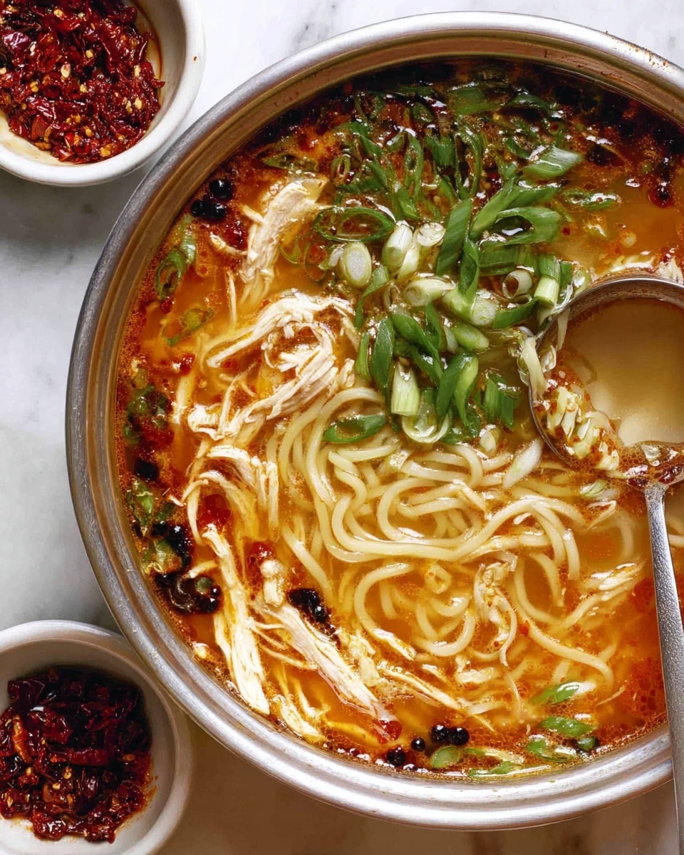 A close-up of a large bowl filled with hot noodle soup placed on a white marbled surface. The soup has several layers: at the bottom is a rich, orange-brown broth with a slightly oily texture, above it are soft, pale yellow noodles twisted together in the center, scattered thin green onion slices cover the surface, and there are pieces of white shredded chicken mixed evenly. Dark red chili flakes and small black seasoning bits float on top, adding contrast. A metal ladle is scooping some broth and noodles from the bowl. There are two small white bowls filled with crushed red chili sauces nearby. photo taken with an iphone --ar 4:5 --v 7