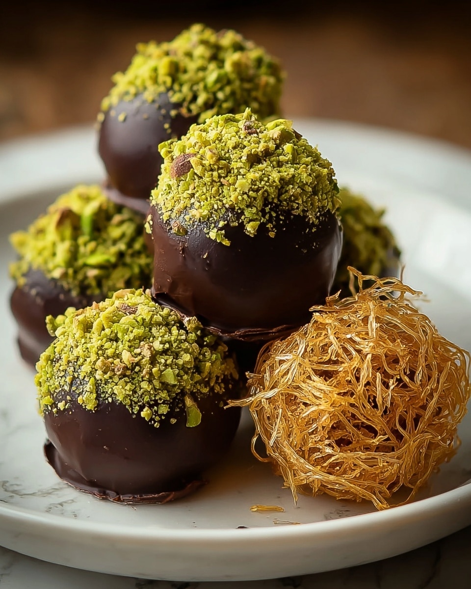 The image shows five bite-sized sweets arranged closely on a white plate. Four of them are round, covered in smooth dark chocolate with a shiny texture, topped with a chunky layer of bright green crushed pistachios, forming the upper layer. The fifth sweet, placed at the front right, has a rough texture made of golden, thin, crispy strands layered randomly, making it look nest-like. The background features a soft brown tone while the plate rests on a white marbled texture. photo taken with an iphone --ar 4:5 --v 7