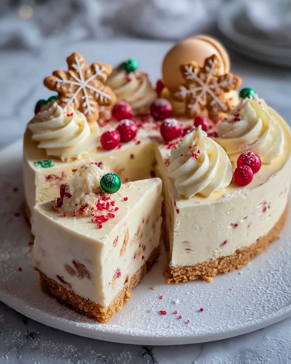 The image shows a creamy cheesecake with three clear layers: a crumbly light brown base, a thick white middle layer speckled with small red bits, and a white top layer decorated with swirls of smooth cream. The cheesecake is topped with golden snowflake-shaped cookies dusted with powdered sugar, small red and green spherical candies, tiny red sprinkles, and a small beige macaron on top. The cake has a slice cut out, showing its soft, rich texture inside. It sits on a white plate on a white marbled surface with a light dusting of powdered sugar around the edges. Photo taken with an iphone --ar 4:5 --v 7
