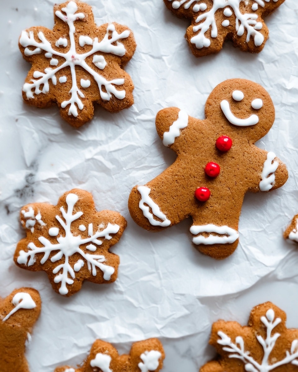 The image shows several gingerbread cookies placed on white crinkled paper over a white marbled surface. There are about seven cookies in total, six are snowflake shapes decorated with white icing in various patterns resembling snowflake arms, and one is a gingerbread person decorated with white icing on the arms and legs, a smiling face made with white icing, and three red candy buttons down the center. The colors are mostly warm brown with white and bright red accents, and the texture looks crisp and slightly rough from baking. The scene is cozy and festive, capturing the details of the icing and the crumbly edges of the cookies. Photo taken with an iphone --ar 4:5 --v 7
