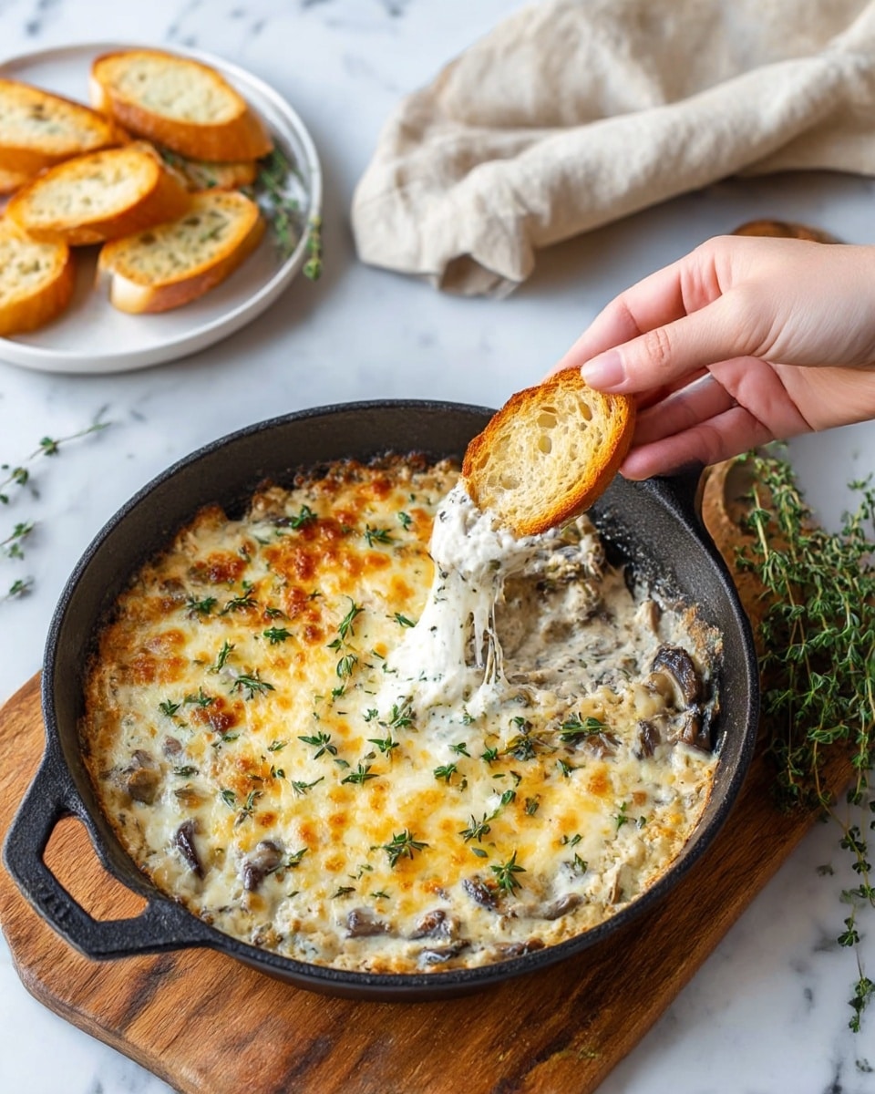The image shows a black cast iron skillet placed on a small wooden board against a white marbled surface. Inside, the dish has a cheesy golden-brown top layer melted and slightly crispy, dotted with small green herb leaves scattered on top. Underneath the cheese, the texture looks creamy and mixed with small visible bits that appear to be mushrooms or similar ingredients. A silver spoon is partially dipped in the skillet, with its handle resting on the edge. In the background, there is a white linen cloth slightly folded and two slices of bread along with a larger piece of bread beside them. Photo taken with an iphone --ar 4:5 --v 7