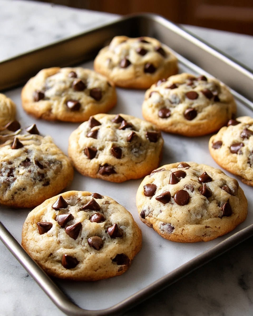 A baking tray filled with nine soft, thick chocolate chip cookies arranged in three rows of three on a white marbled surface. Each cookie has a light golden brown base with a slightly uneven, lumpy texture, topped with many dark brown, glossy chocolate chips scattered on the surface, some slightly melted into the dough. The cookies look freshly baked with edges slightly crisp and centers soft and puffy. The background is softly blurred, enhancing the focus on the cookies in the tray. photo taken with an iphone --ar 4:5 --v 7