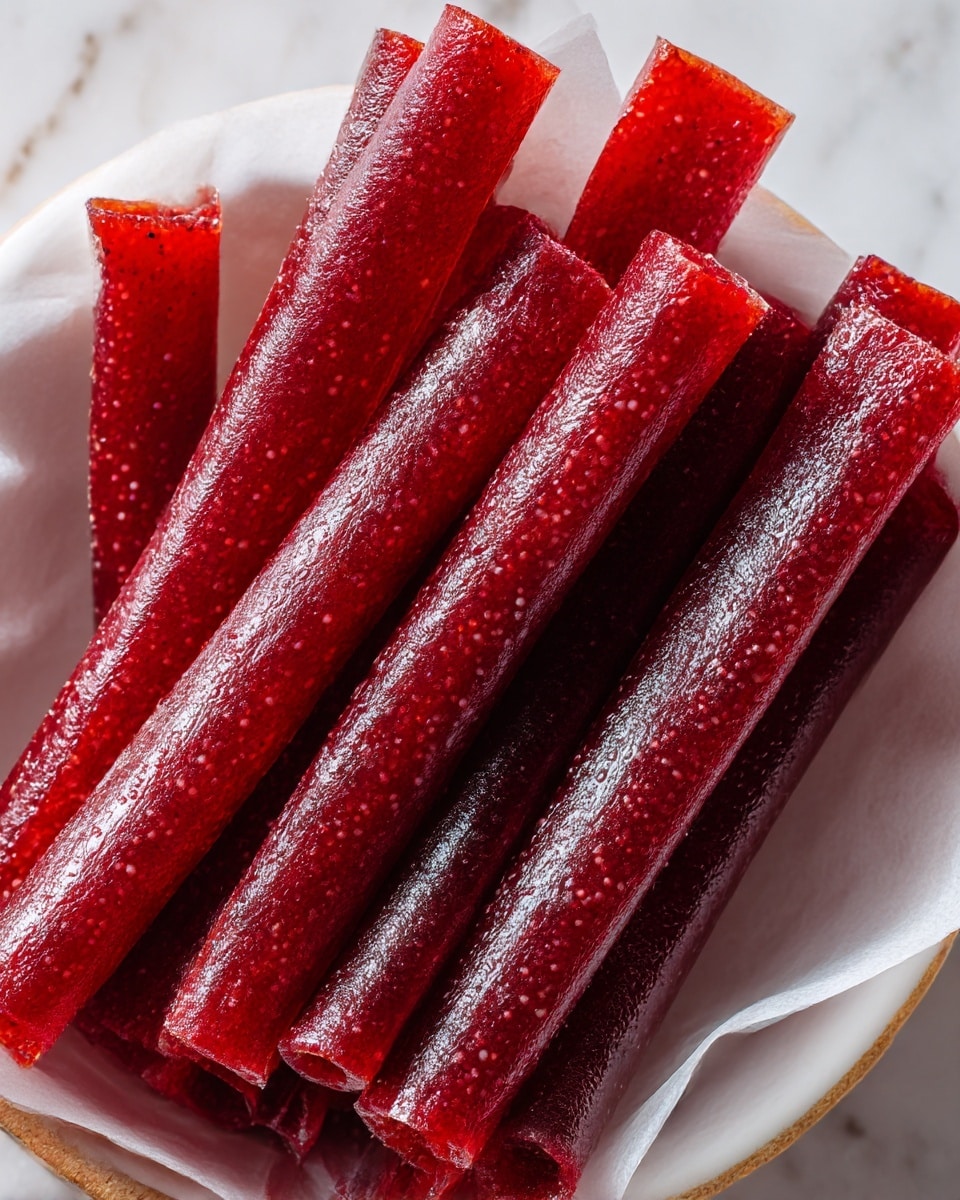 The image shows a close-up of about ten rolled fruit leather sticks tightly packed together in a white bowl lined with parchment paper. Each fruit roll is deep red and shiny with a slightly translucent texture, dotted with tiny seeds evenly spread throughout. The rolls are smooth, uniform in size, and placed in a way that some edges overlap, creating a layered look. The surface under the bowl has a white marbled texture, giving a clean and simple background. photo taken with an iphone --ar 4:5 --v 7