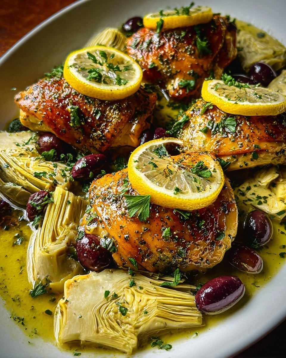 The dish shows four pieces of golden brown chicken thighs, each with a crispy, herb-speckled skin layer topped with a thin, bright yellow lemon slice and sprinkled with fresh green parsley. Around the chicken, there are pale yellow artichoke quarters with smooth, layered textures soaked in a shiny, oily light green sauce that fills the white plate. Scattered dark purple olives add contrast and round shapes between the chicken and artichokes, while the sauce glistens and pools beneath everything, creating a rich, inviting look. Photo taken with an iphone --ar 4:5 --v 7