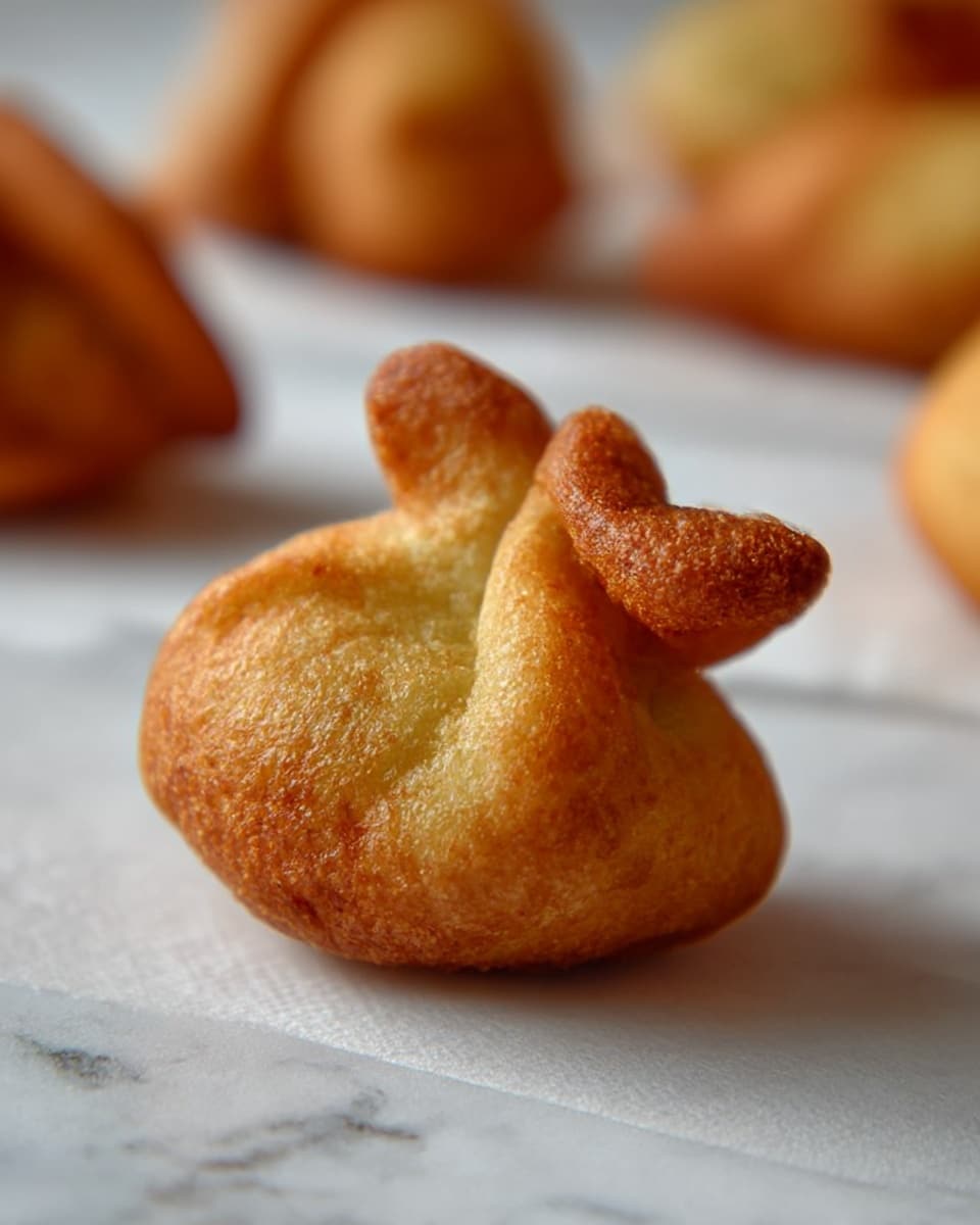 The image shows a close-up of a small, golden-brown fried snack with a slightly rough and crispy texture, shaped by pinching and folding the dough to form a pouch-like structure with visible creases and a rounded bottom. In the background, there are more of these snacks blurred out, all resting on a white marbled surface with some parchment paper underneath. The potli's surface has a warm, slightly oily shine with some darker fried spots, adding to its crispy appearance. Photo taken with an iphone --ar 4:5 --v 7