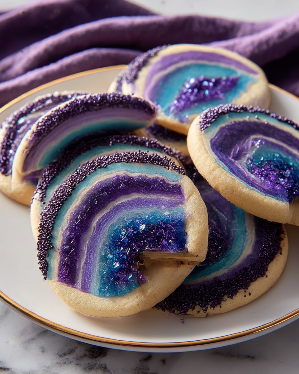 A plate holds several cookies designed to look like geodes, each with a layered and colorful pattern. The outer edge of the cookie is light beige with a smooth texture, followed by thin bands of dark purple, blue, and violet colors moving inward. The center is filled with shiny, crystallized sugar in purple and blue shades that sparkle under light. The outer side of the cookies is coated with small dark chocolate sprinkles. The plate is white with a thin gold rim, placed on a white marbled surface, with a soft purple cloth in the background. photo taken with an iphone --ar 4:5 --v 7