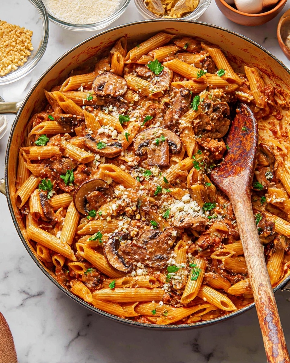 A large pan filled with a mix of cooked penne pasta and sliced mushrooms cooked in a reddish sauce, garnished with small green parsley leaves and sprinkled with crumbled cheese and crushed nuts. The penne pasta is light brown with ridges, while the mushrooms are thickly sliced and browned on the edges. A wooden spoon with a worn handle is resting inside the pan on the right side, partially buried in the pasta. The pan sits on a white marbled surface with some bowls of ingredients blurred in the background. photo taken with an iphone --ar 4:5 --v 7