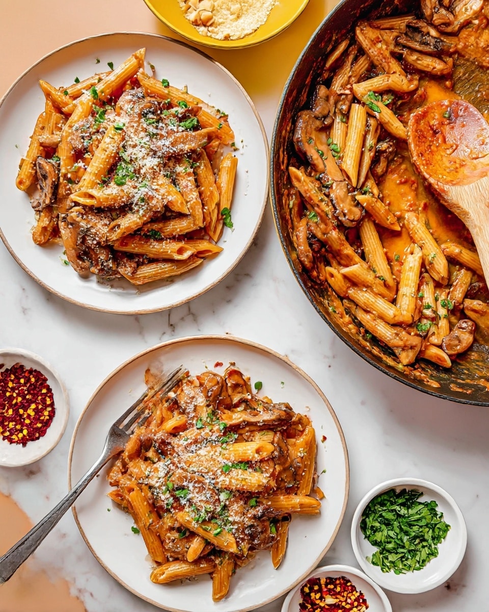 Two servings of pasta with mushrooms are shown on two white plates with a fork resting on the edge of the lower plate. The pasta is penne, cooked in a reddish sauce with slices of sautéed mushrooms mixed in. The pasta is sprinkled lightly with grated cheese and chopped green herbs, with some red chili flakes for added color. To the right, a skillet contains leftover pasta and sauce with a wooden spoon resting inside. Near the skillet, small white bowls hold chopped nuts, chopped green herbs, and red chili flakes, placed on a white marbled surface. Photo taken with an iphone --ar 4:5 --v 7