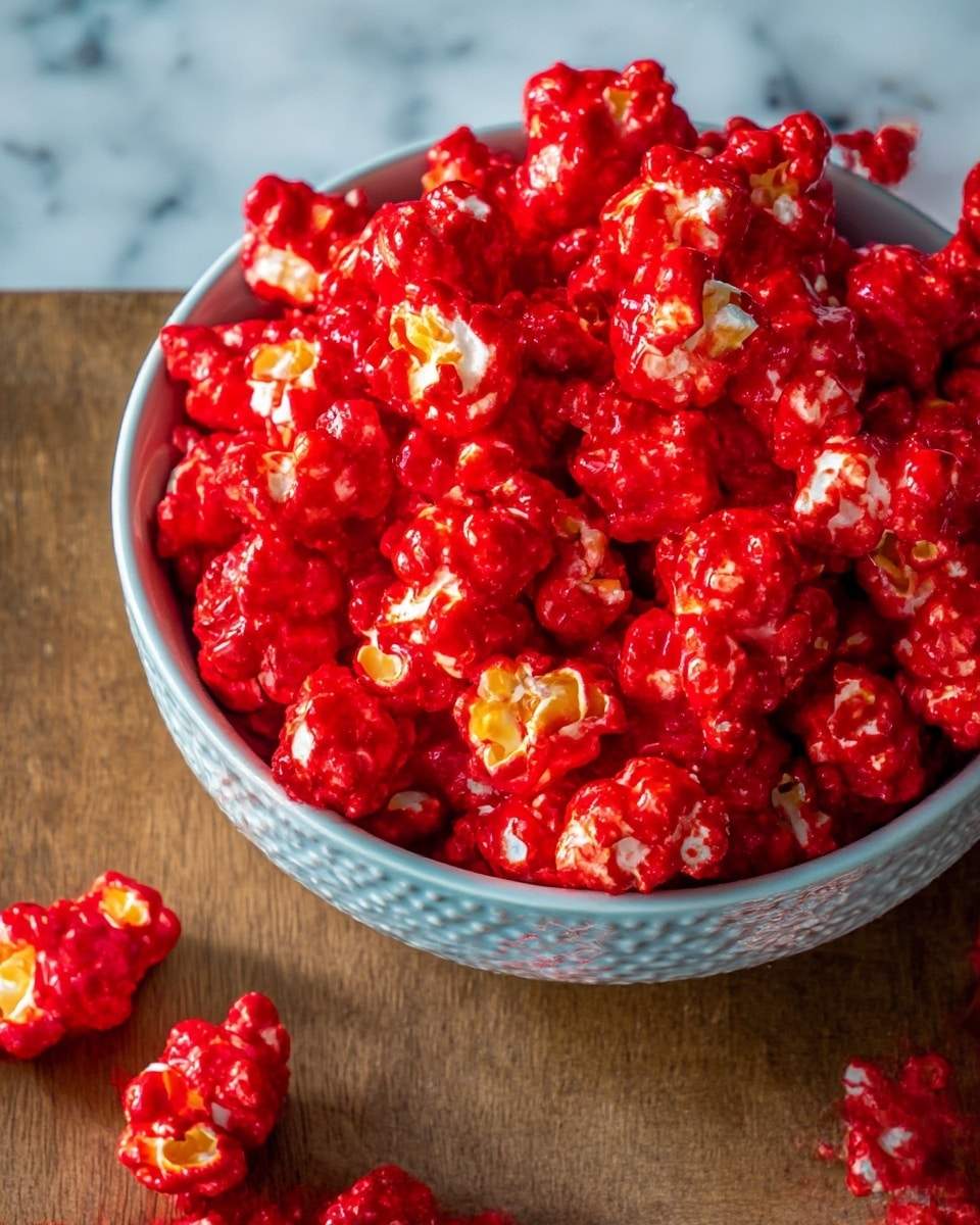 A close-up of a pile of bright red candied popcorn filling a white bowl with a textured interior. Each popcorn piece is fully coated with glossy red candy, showing some white and yellow popcorn kernels peeking through the coating. A few candied popcorn pieces spill out from the bowl onto a wooden surface, all set against a white marbled background. photo taken with an iphone --ar 4:5 --v 7