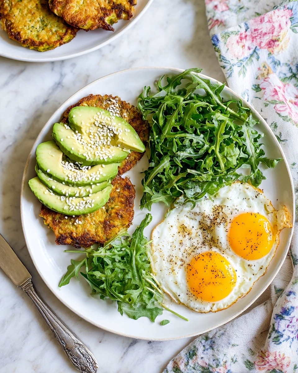 A white plate holds a breakfast dish with three main parts: on the left are two golden brown fritters stacked, topped with sliced avocado in light green shades sprinkled with white and black sesame seeds; in the center-right is a fresh green arugula salad with curly leaves and a light sprinkle of sesame seeds; at the bottom-right are two sunny-side-up eggs with bright yellow yolks and slightly crispy white edges, also sprinkled with black and white seasoning. The plate sits on a white marbled surface with a floral cloth and silver knife beside it, while a partial view shows more fritters on another white plate at the top left. Photo taken with an iphone --ar 4:5 --v 7