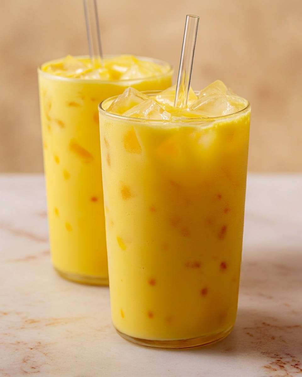 Two clear glasses filled with a vibrant yellow creamy drink with small ice cubes floating inside each glass. The drink has small orange specks mixed throughout, giving it a textured look. Each glass has a clear straw placed inside, and the glasses are set closely together on a white marbled surface. The background is softly blurred with light, warm tones. photo taken with an iphone --ar 4:5 --v 7