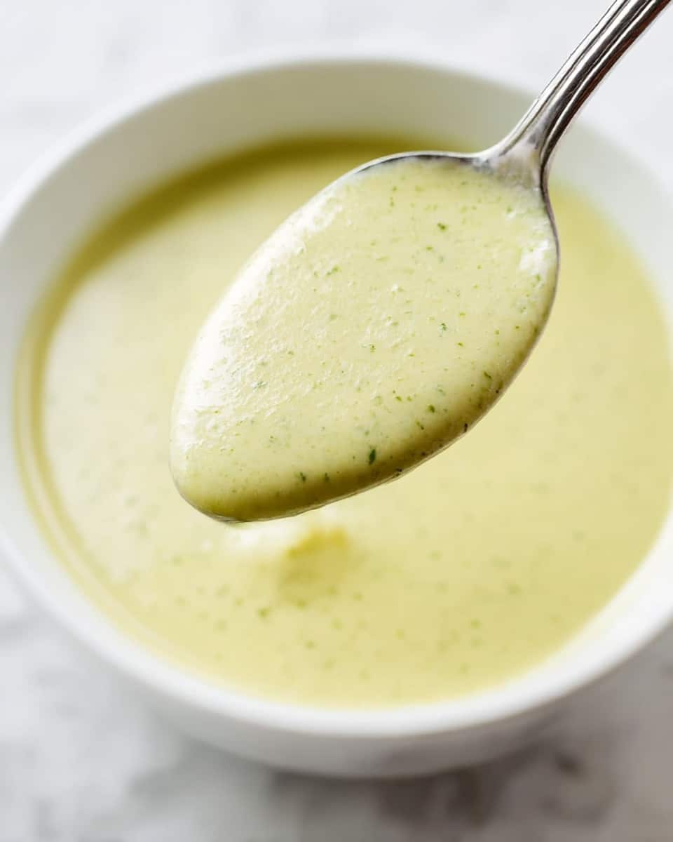 A close-up view of a smooth, creamy light green soup with tiny green herb specks throughout, served in a white bowl. A silver spoon is lifting some of the thick soup above the bowl, showing its dense, velvety texture. The background is a white marbled surface, creating a clean and fresh setting. photo taken with an iphone --ar 4:5 --v 7