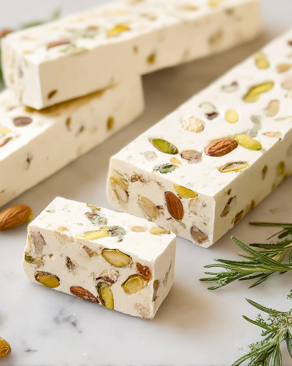The image shows several thick white nougat bars placed on a white marbled surface. Each bar is smooth and creamy in color with lots of mixed nuts like pistachios and almonds embedded inside, visible throughout the bars. The bars are rectangular with clean, sharp edges, and one bar is cut in half to show the nut pieces inside clearly. There are sprigs of green herbs on the right side of the picture, adding a fresh touch to the scene. Photo taken with an iphone --ar 4:5 --v 7