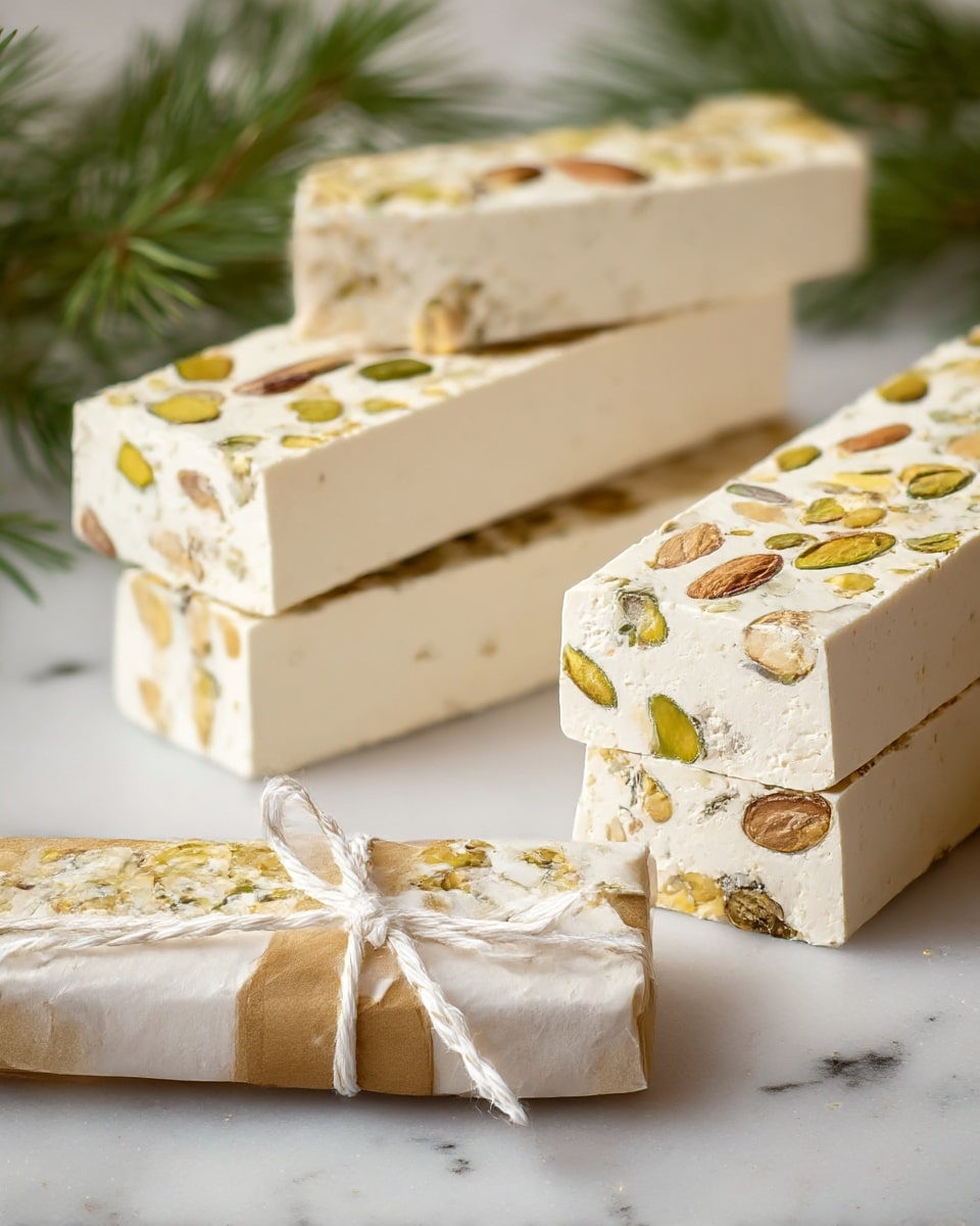 The image shows four rectangular slices of white nougat with visible nuts embedded throughout the top layer, giving a mix of green, brown, and beige hues from pistachios and other nuts. The nougat pieces are thick with a smooth texture on the sides and a slightly rough top covered with the nuts. In the background, there is green pine-like foliage, and in the foreground, a wrapped piece of nougat tied with white string rests on a white marbled surface. The scene has soft lighting that highlights the nougat's creamy white color and nut textures. Photo taken with an iphone --ar 4:5 --v 7