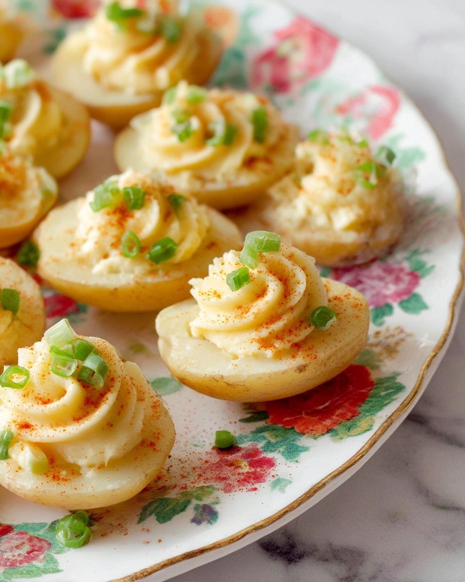 The image shows a close-up of small potato halves laid out on a wooden cutting board with a white marbled surface partly visible underneath. Each potato half has a hollowed section visible as the first layer with a light yellow skin and soft texture inside. A woman's hand is seen using a white piping bag with a metal tip to fill these hollowed potato halves with a smooth, creamy, pale yellow mixture, forming the second layer that sits raised and swirled on top inside each potato shell. The focus is on the filling action with the filling layers varying slightly in shape but consistently smooth and dense. Photo taken with an iphone --ar 4:5 --v 7