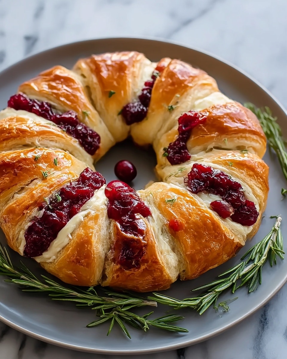 A ring-shaped pastry with a golden-brown, flaky crust that is shiny on top, filled with two layers inside: a creamy white filling and a deep red fruit filling that looks like cranberries, arranged in segments around the ring. The pastry sits on a white plate, with sprigs of fresh green rosemary placed at the edge of the plate. The background is a white marbled texture. Photo taken with an iphone --ar 4:5 --v 7
