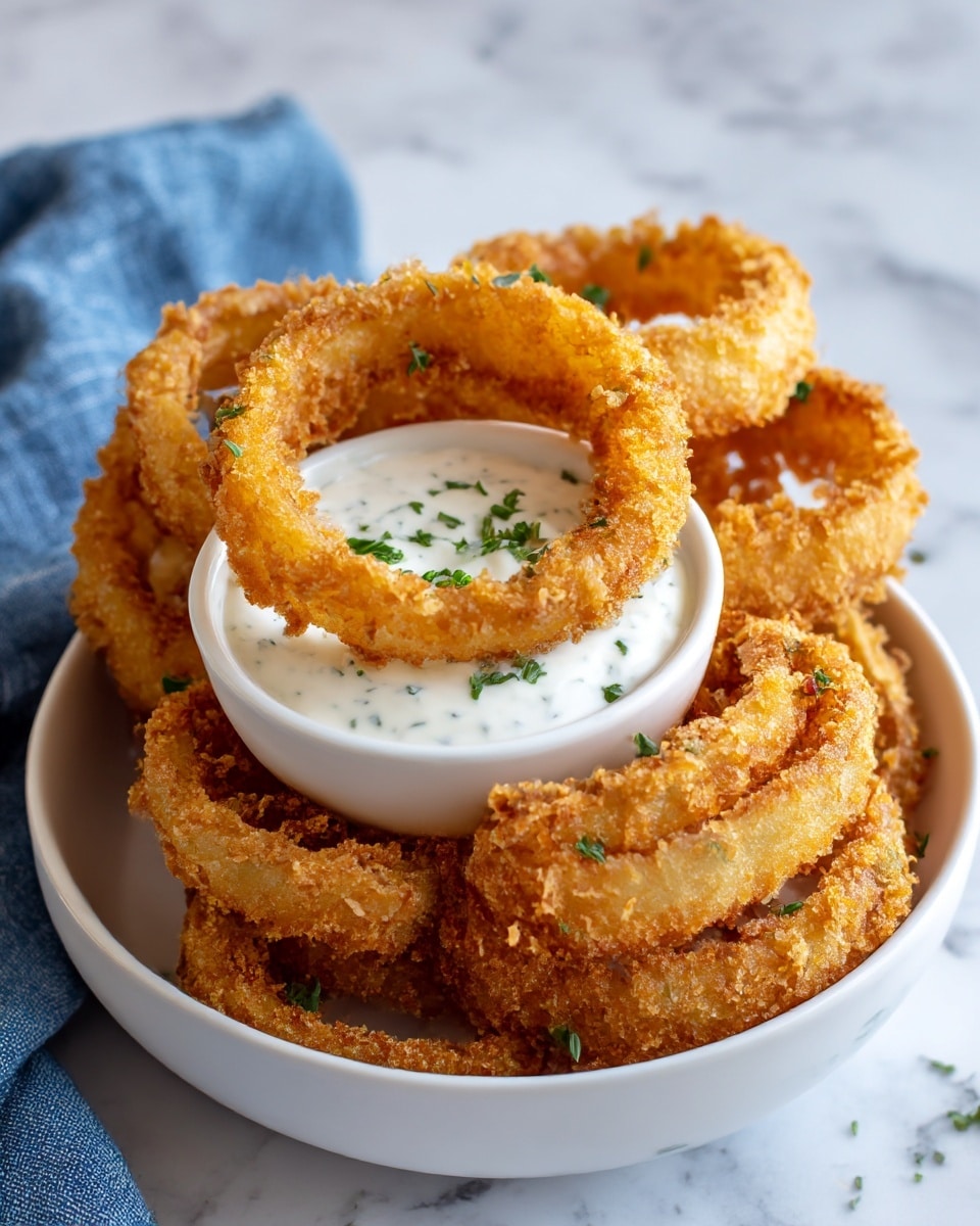 A white bowl filled with golden brown, crispy fried onion rings stacked in layers, showing their round, slightly curled edges with a crunchy texture. On top and around the onion rings are small green herb pieces scattered for color. Inside the bowl, placed on the onion rings, is a smaller white bowl filled with smooth, creamy white dipping sauce garnished with chopped green herbs. The bowl is set on a white marbled surface with a folded blue cloth partially visible to the left. Photo taken with an iphone --ar 4:5 --v 7