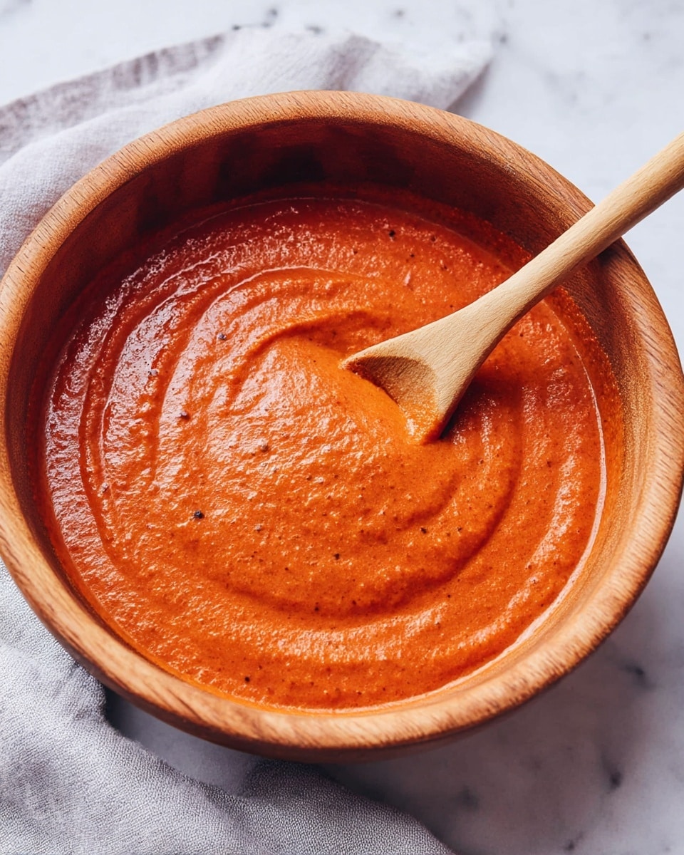 A close-up view of a smooth, thick, reddish-brown sauce filling a single layer inside a round wooden bowl. The surface of the sauce has gentle swirls and a slightly shiny, textured look. Behind the bowl is a small white bowl holding a wooden spoon with some of the sauce on it, sitting on a white marbled texture. A gold spoon lies blurred in the background near the bowl. The bowl rests partly on a light gray cloth draped softly over the white marbled surface. photo taken with an iphone --ar 4:5 --v 7