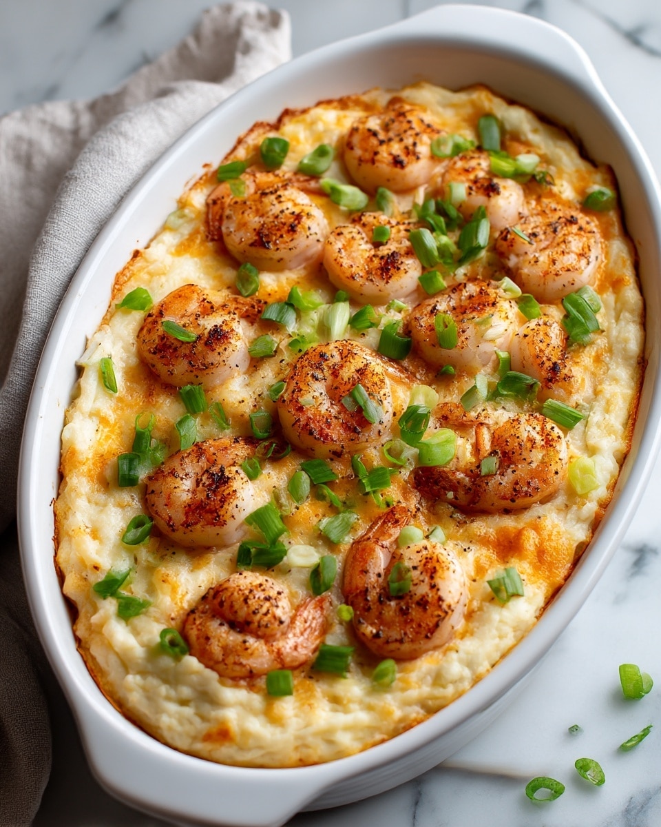 A white oval dish filled with a creamy baked casserole that has a thick base layer of lightly browned, cheesy mashed potatoes. On top, there are plump, cooked shrimp evenly spaced across the surface, each slightly charred with black pepper specks. Bright green chopped scallions are sprinkled over everything, adding a fresh pop of color. The dish rests on a white marbled surface with a soft fabric napkin nearby. photo taken with an iphone --ar 4:5 --v 7