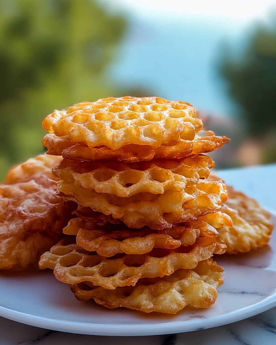 A white plate holds a tall stack of golden-brown fried sweets with a honeycomb-like pattern on top, each piece showing a lacy, crispy texture with rounded holes. The pieces are layered unevenly, with the top pieces catching warm light that highlights their crisp edges and slightly darker spots. The background is softly blurred with hints of green and blue, giving a calm outdoor feel, and the plate rests on a white marbled surface. photo taken with an iphone --ar 4:5 --v 7